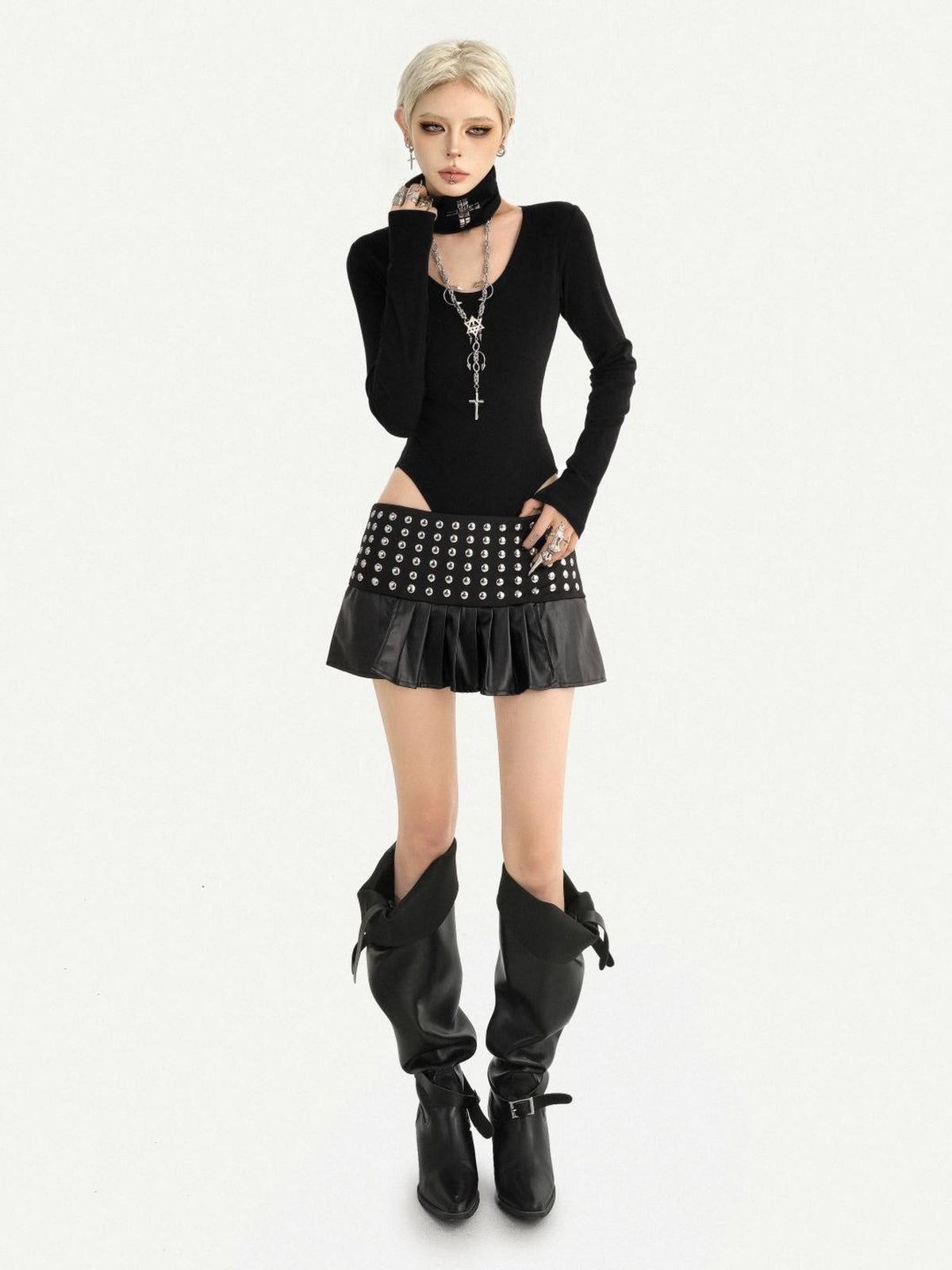 Nico Molly Dark Gothic Studded Pleated Low Waist Women&