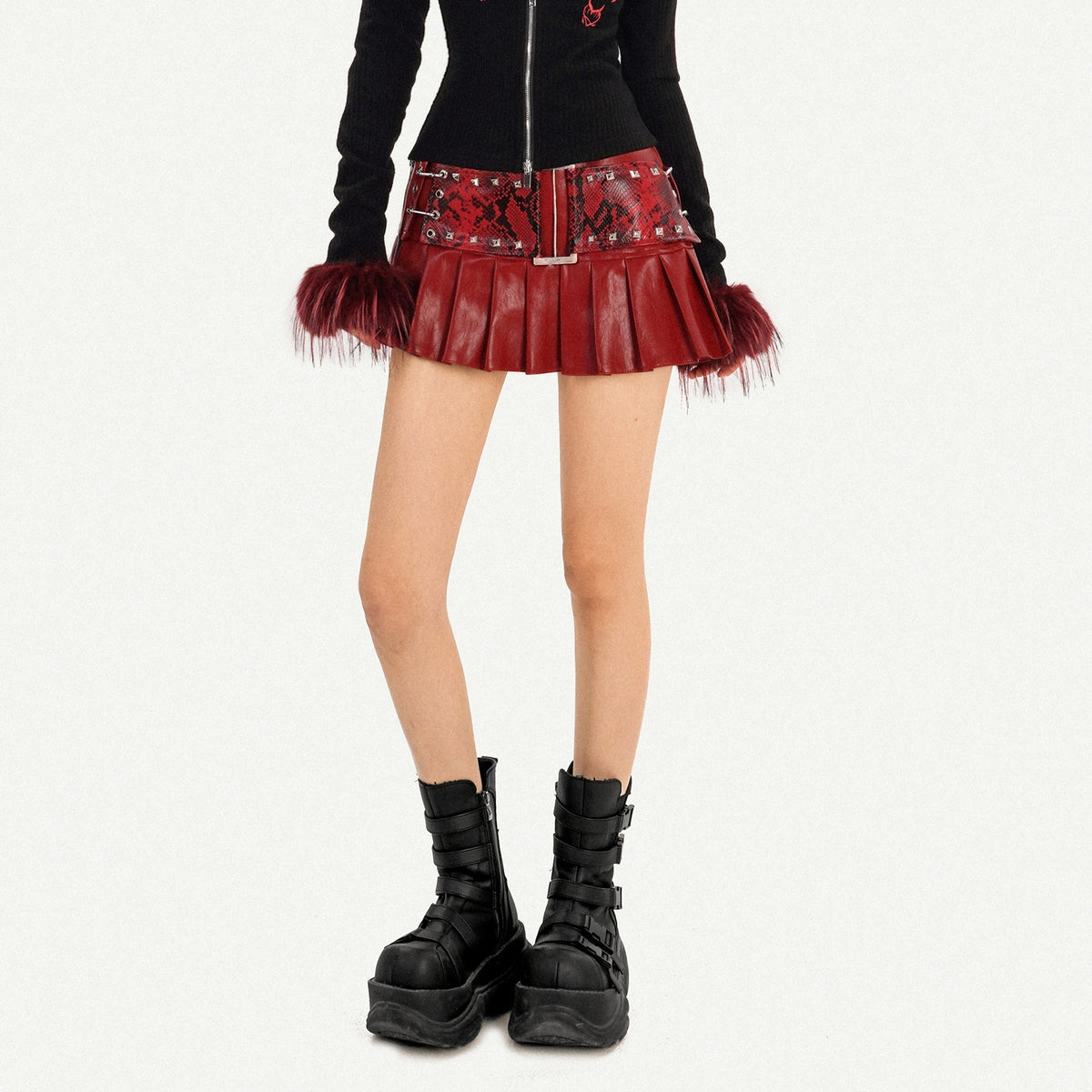 Nico_Molly_Dark_Red_Punk_Retro_Snake_Print_Pleated_Women&