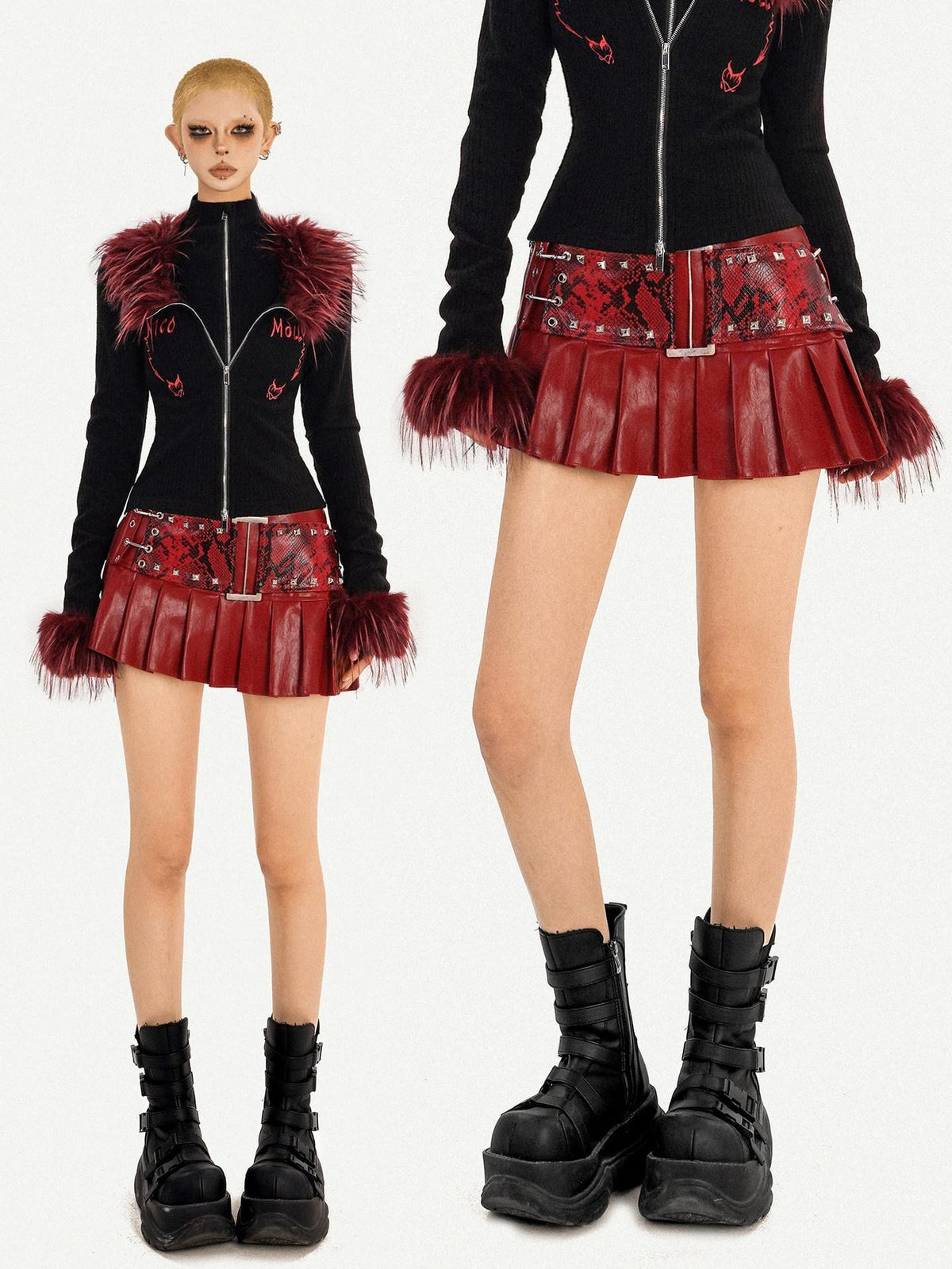 Nico Molly Dark Red Punk Retro Snake Print Pleated Women&