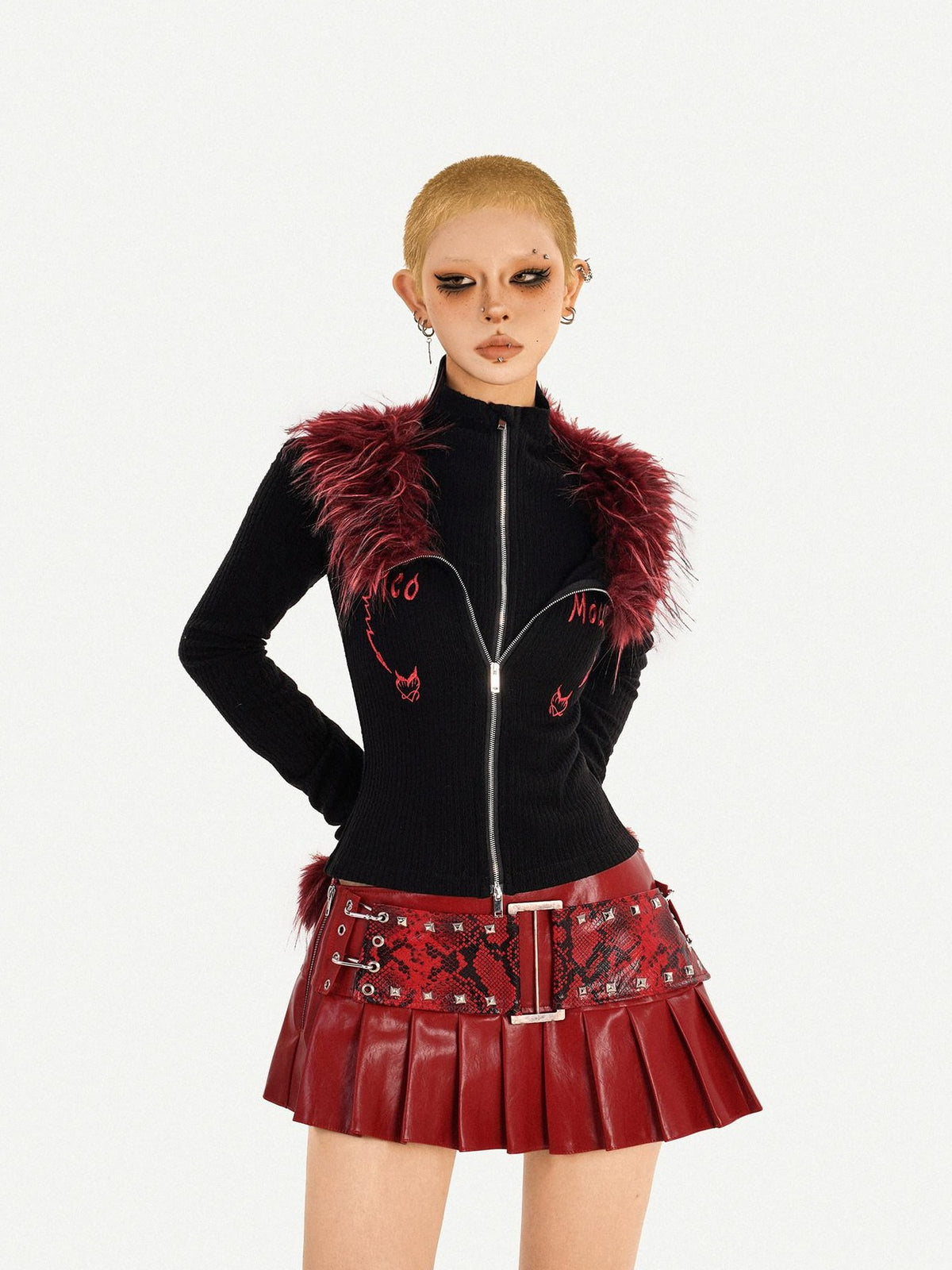 Nico Molly Dark Red Punk Retro Snake Print Pleated Women&
