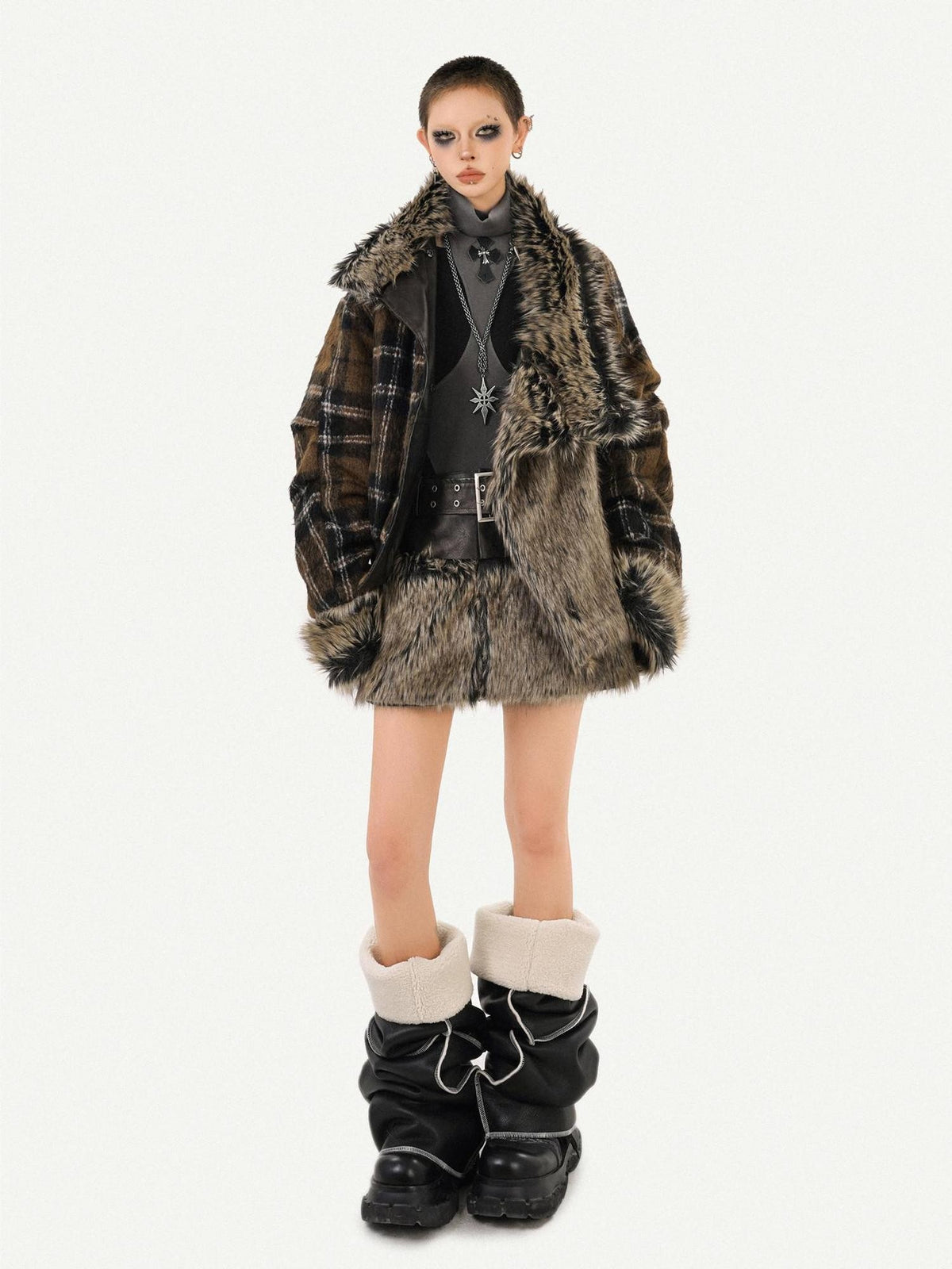 Nico Molly Dark Rock Patchwork Plaid Reversible Plush Women&