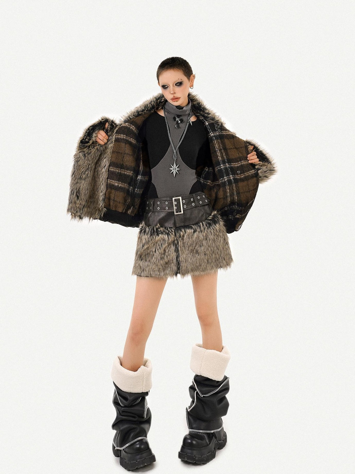 Nico Molly Dark Rock Patchwork Plaid Reversible Plush Women&