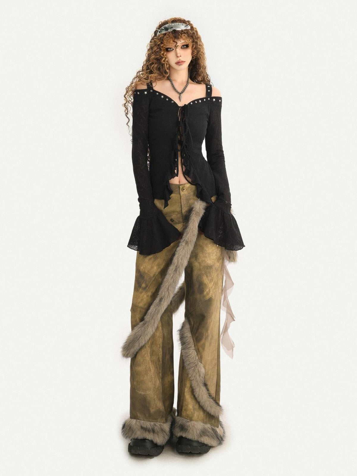 Nico Molly Dark Studded Tie Off Shoulder Bell Sleeve Slim Women&
