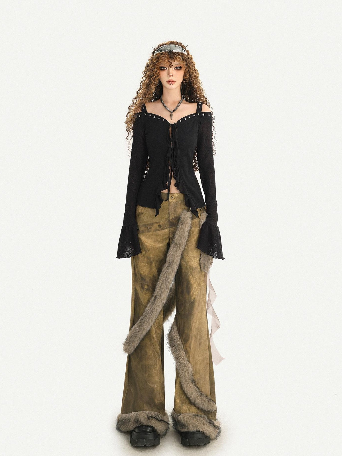 Nico Molly Dark Studded Tie Off Shoulder Bell Sleeve Slim Women&