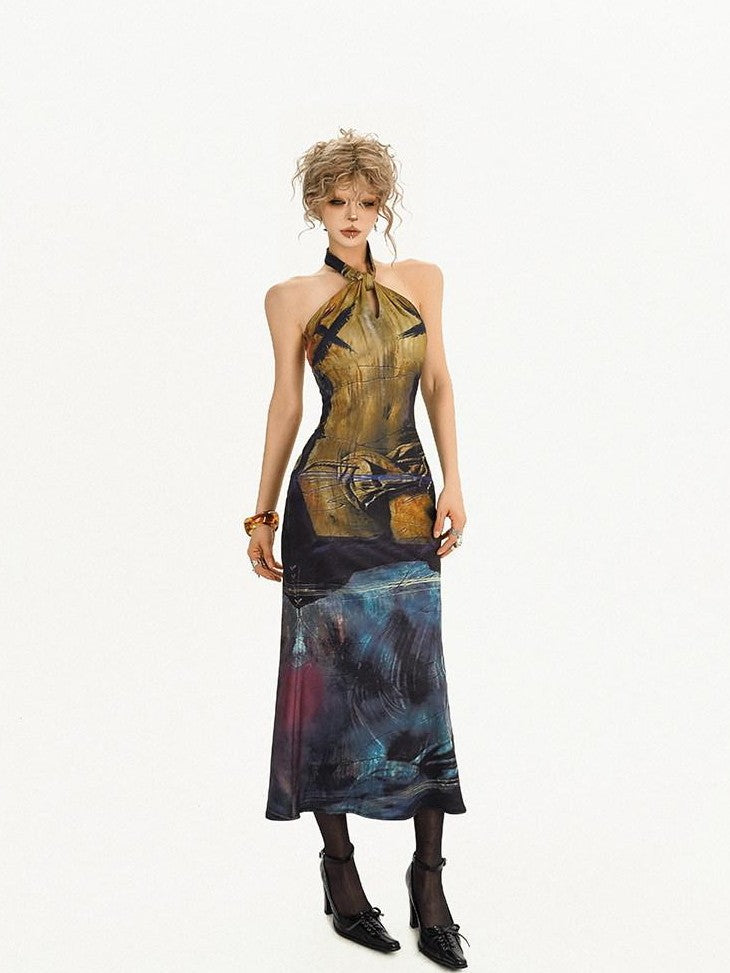 Nico Molly Deep Blue Artistic Retro Print High Waist Fishtail Women&