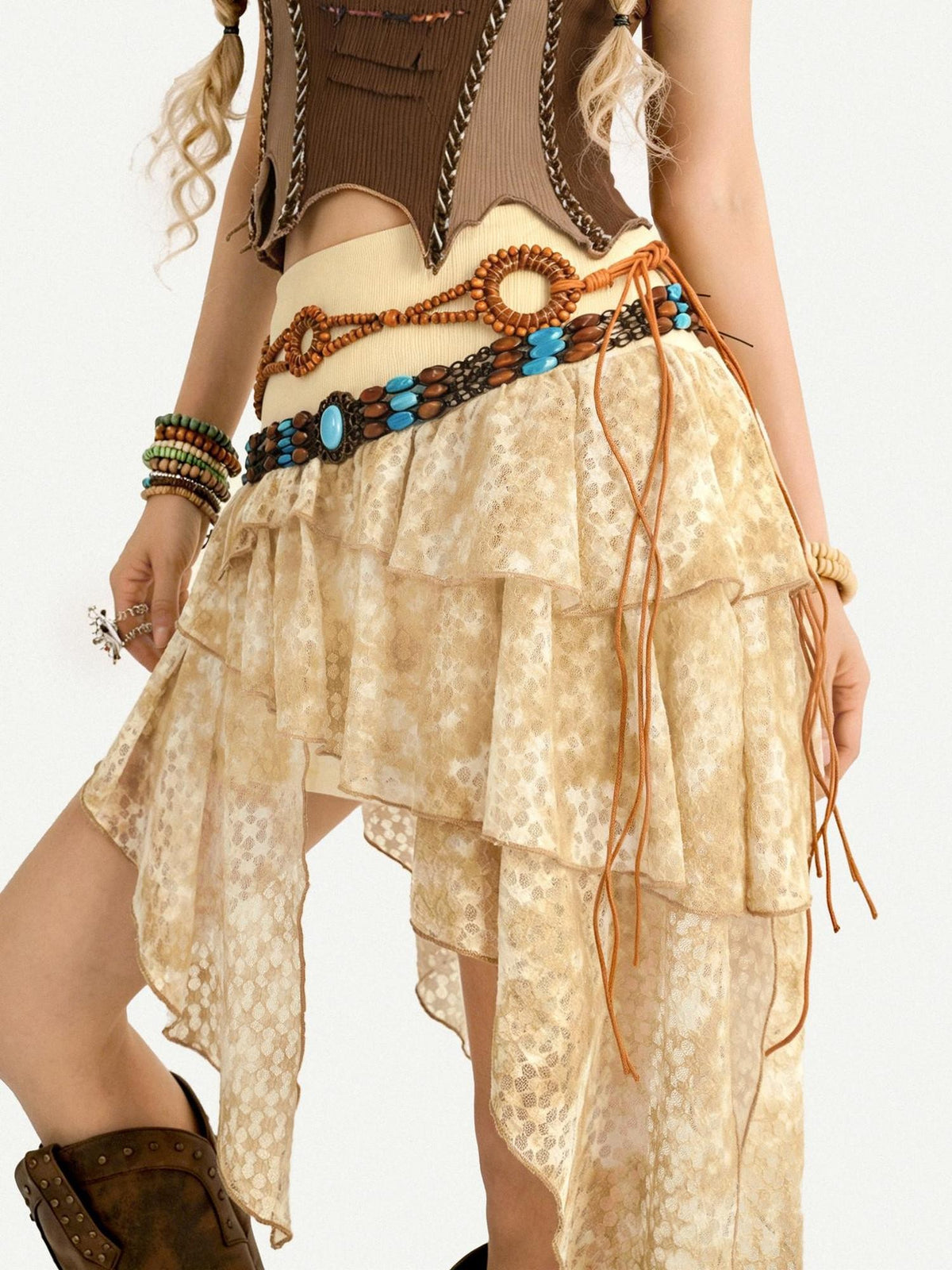 Nico Molly Deep Coffee Bohemian Woven Beaded Braided Ethnic Waist Women&