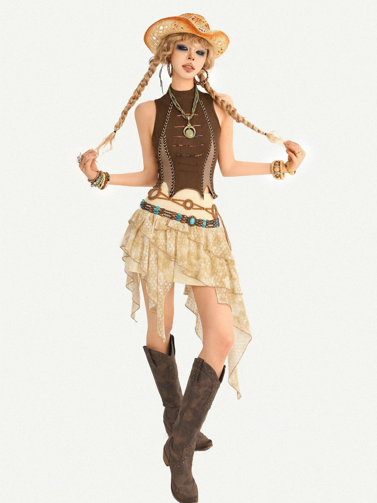 Nico Molly Deep Coffee Bohemian Woven Beaded Braided Ethnic Waist Women&