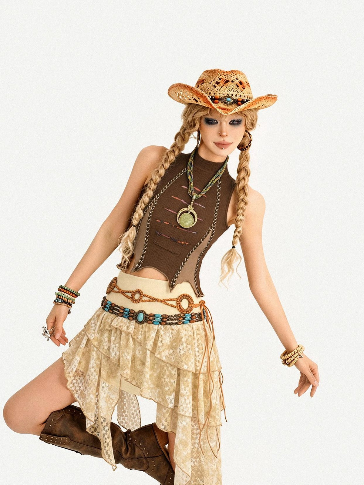 Nico Molly Deep Coffee Bohemian Woven Beaded Braided Ethnic Waist Women&