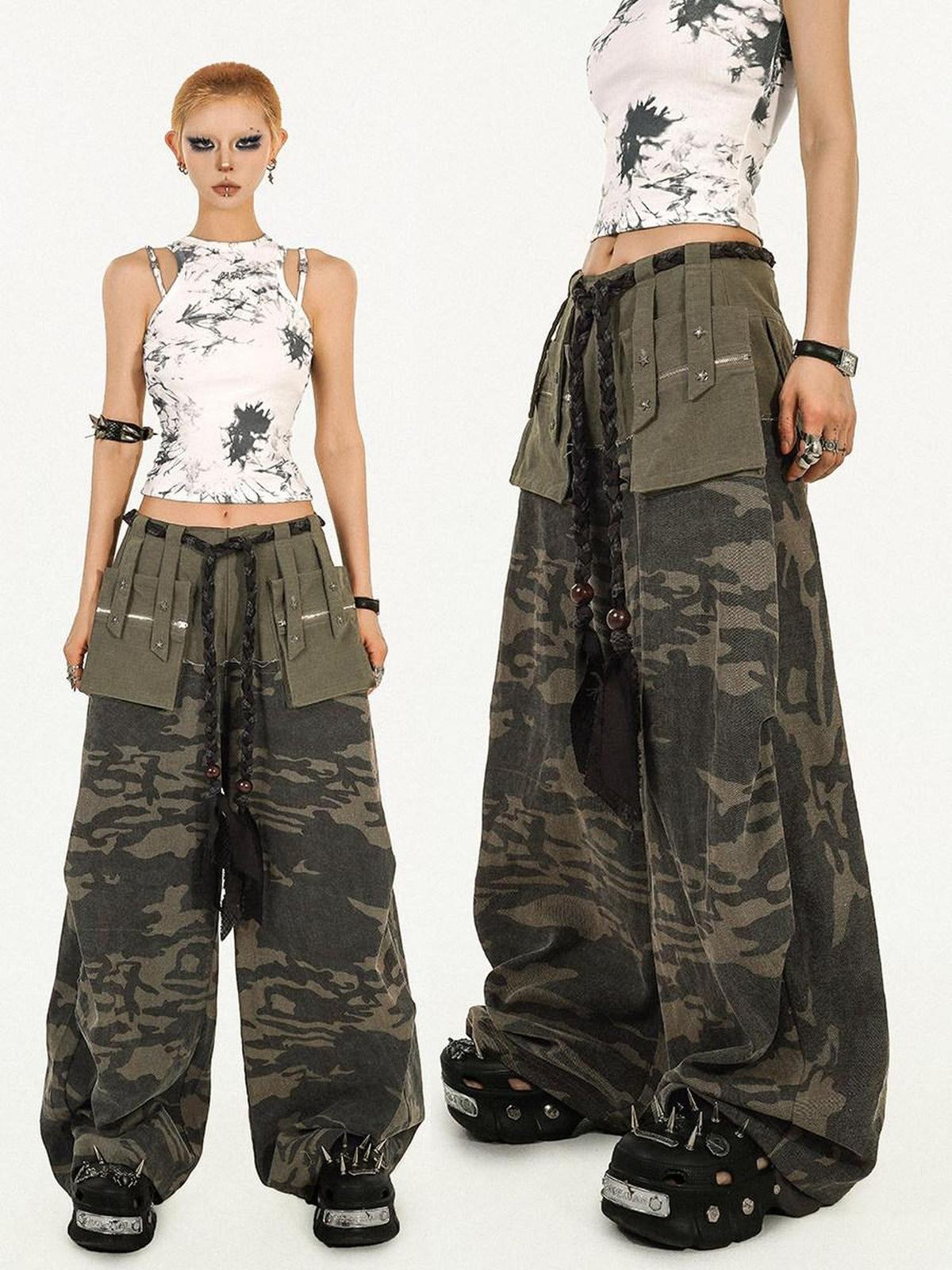 Nico Molly Deep Green Camouflage Multi Pocket Heavy Duty Cargo Women&