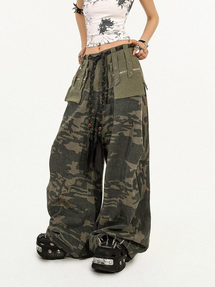 Nico Molly Deep Green Camouflage Multi Pocket Heavy Duty Cargo Women&