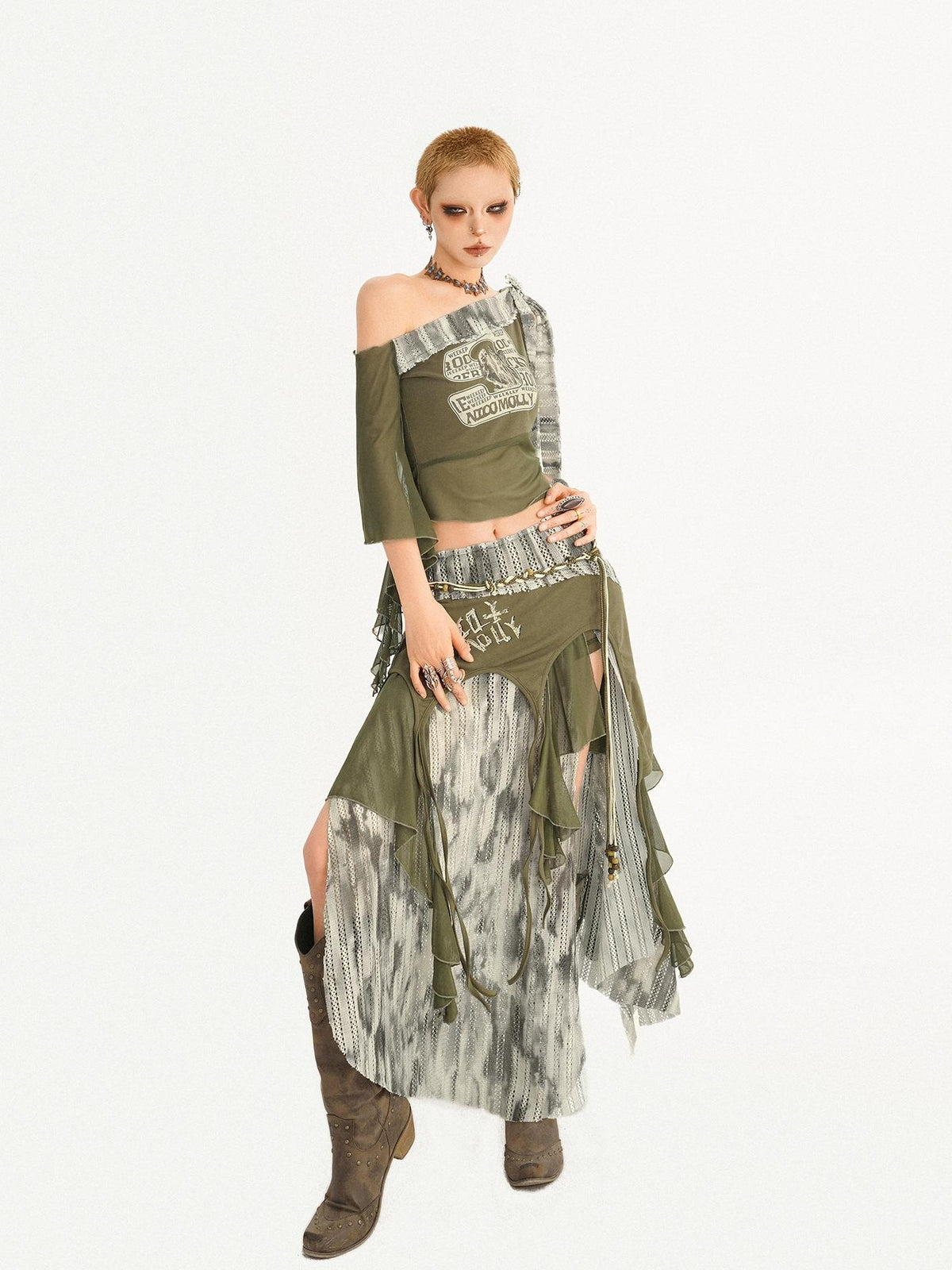 Nico Molly Distressed Print Asymmetric Off Shoulder Women&