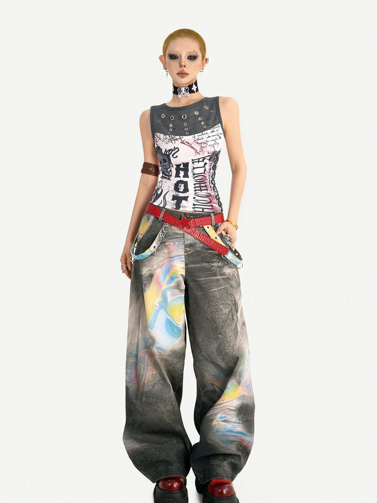 Nico Molly Edgy Punk Graffiti Letter Print Patchwork Slim Waist Women&
