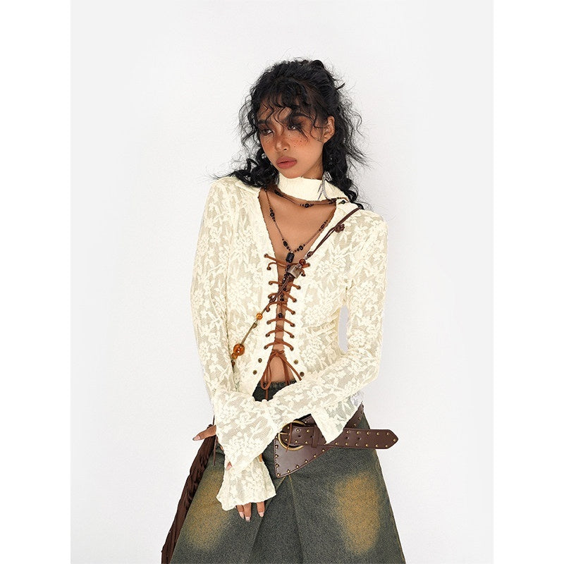 Nico_Molly_Embroidered_Tie_V-neck_Bell_Sleeve_Vintage_Slim_Women&
