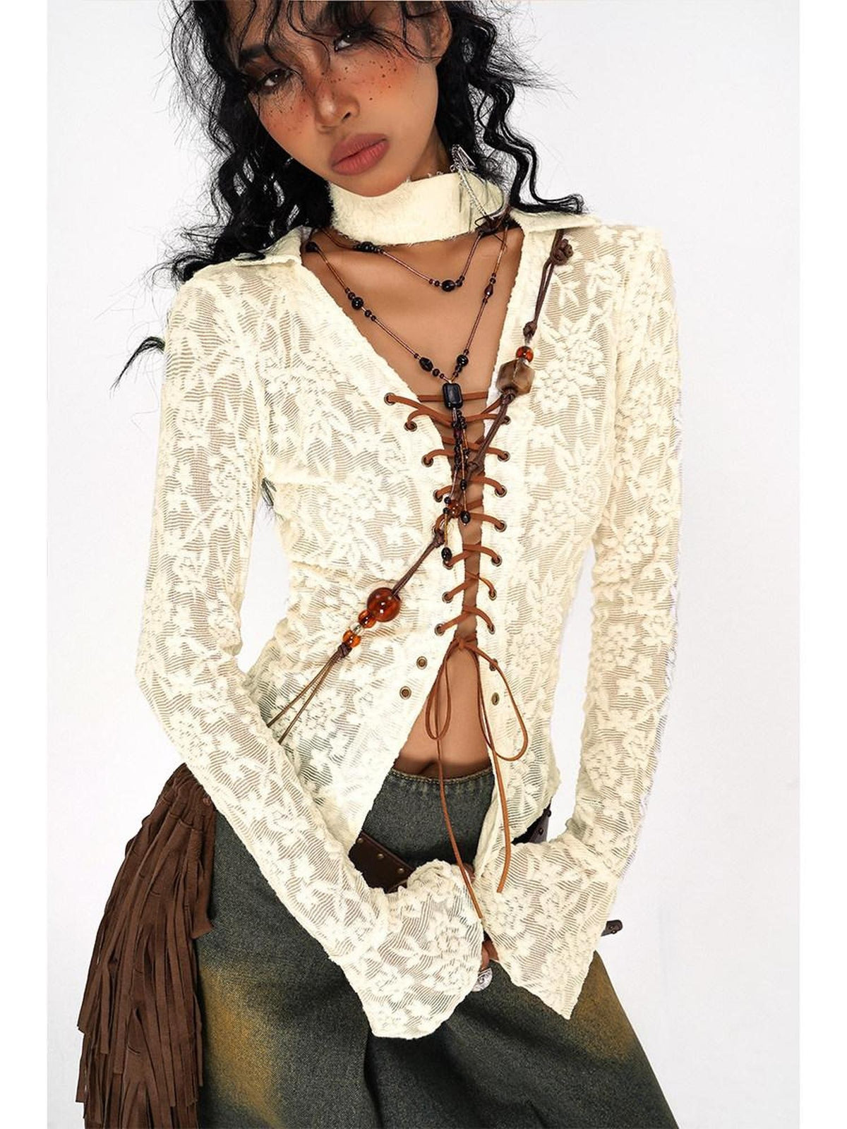 Nico Molly Embroidered Tie V-neck Bell Sleeve Vintage Slim Women&