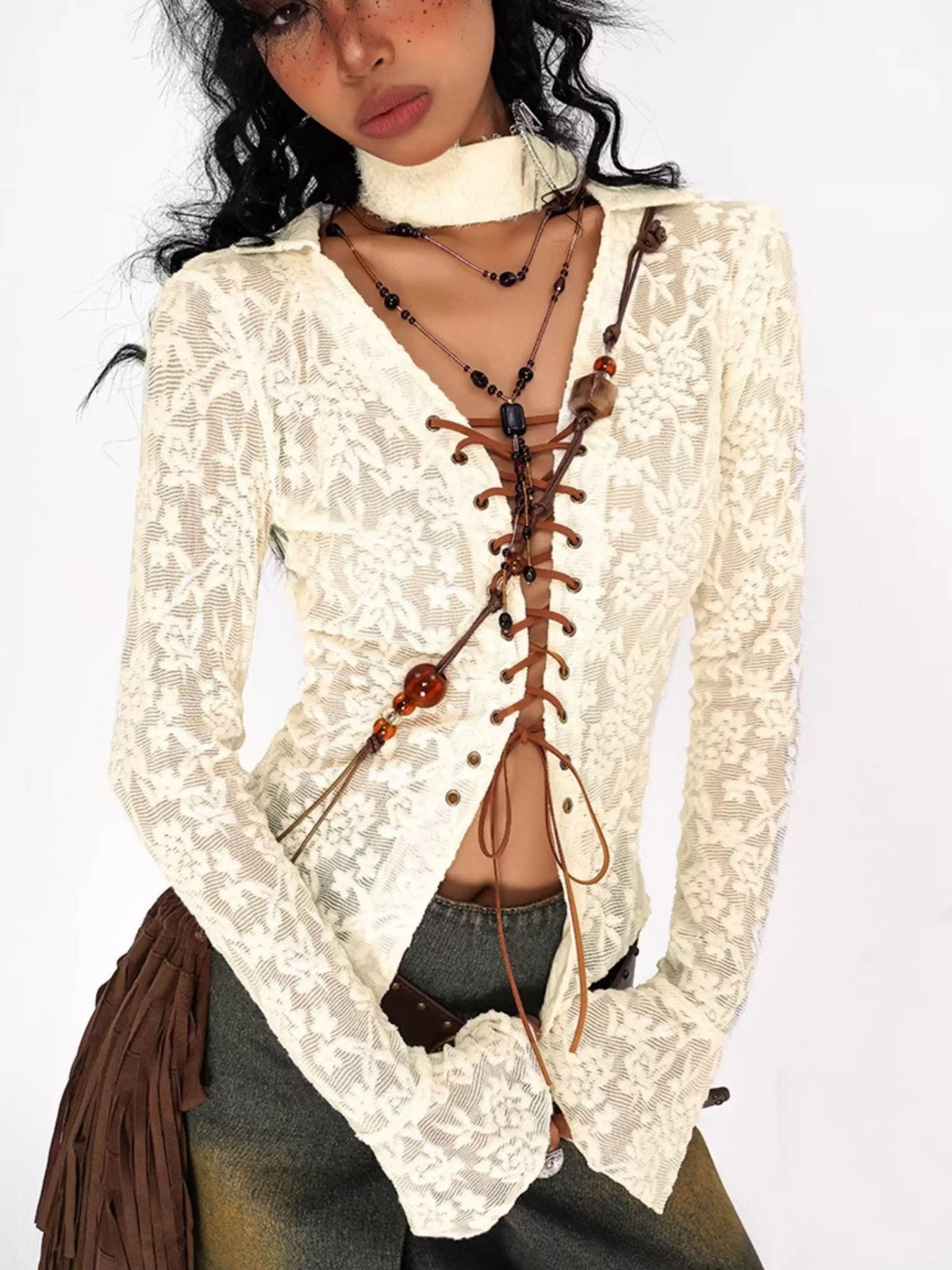 Nico Molly Embroidered Tie V-neck Bell Sleeve Vintage Slim Women&