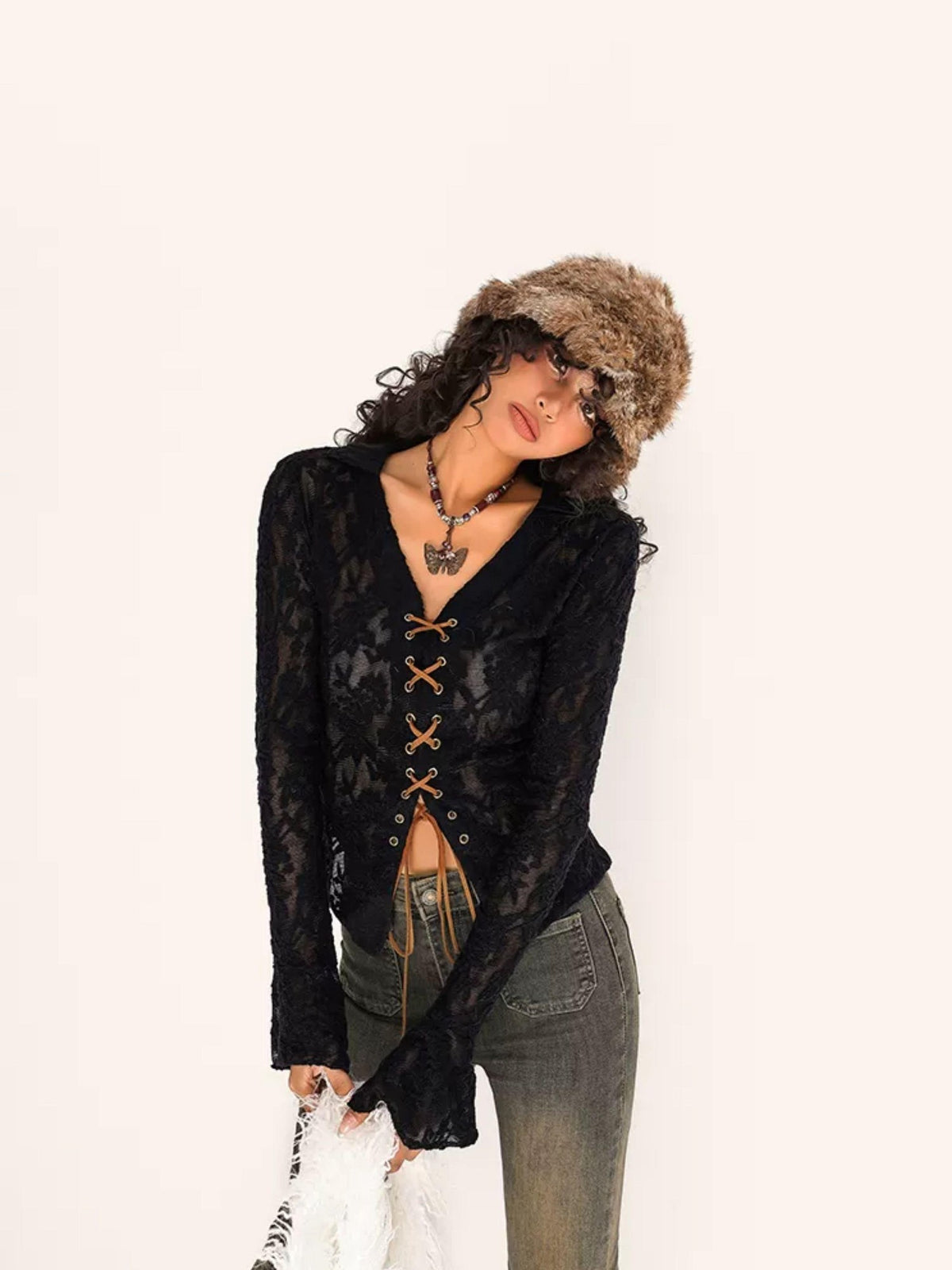 Nico Molly Embroidered Tie V-neck Bell Sleeve Vintage Slim Women&