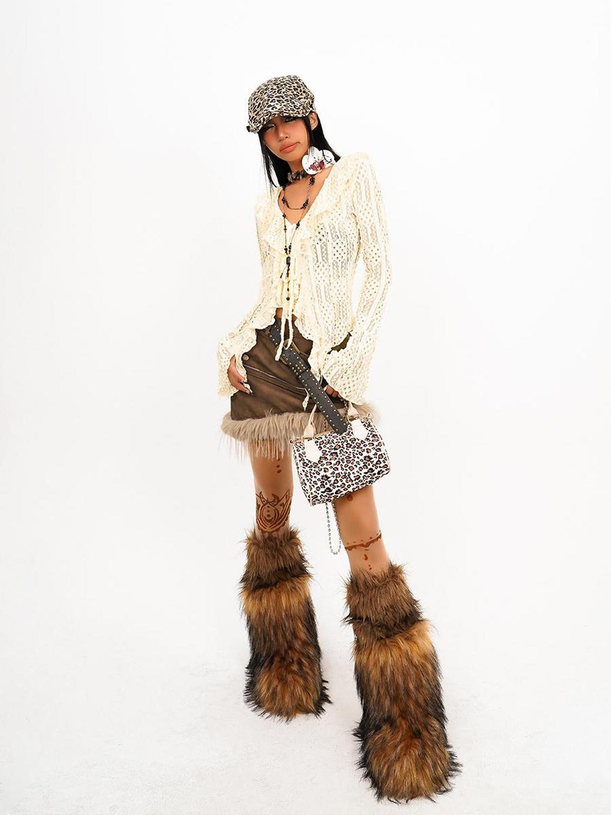 Nico Molly Faux Fur Patchwork Asymmetric High Waist Women&