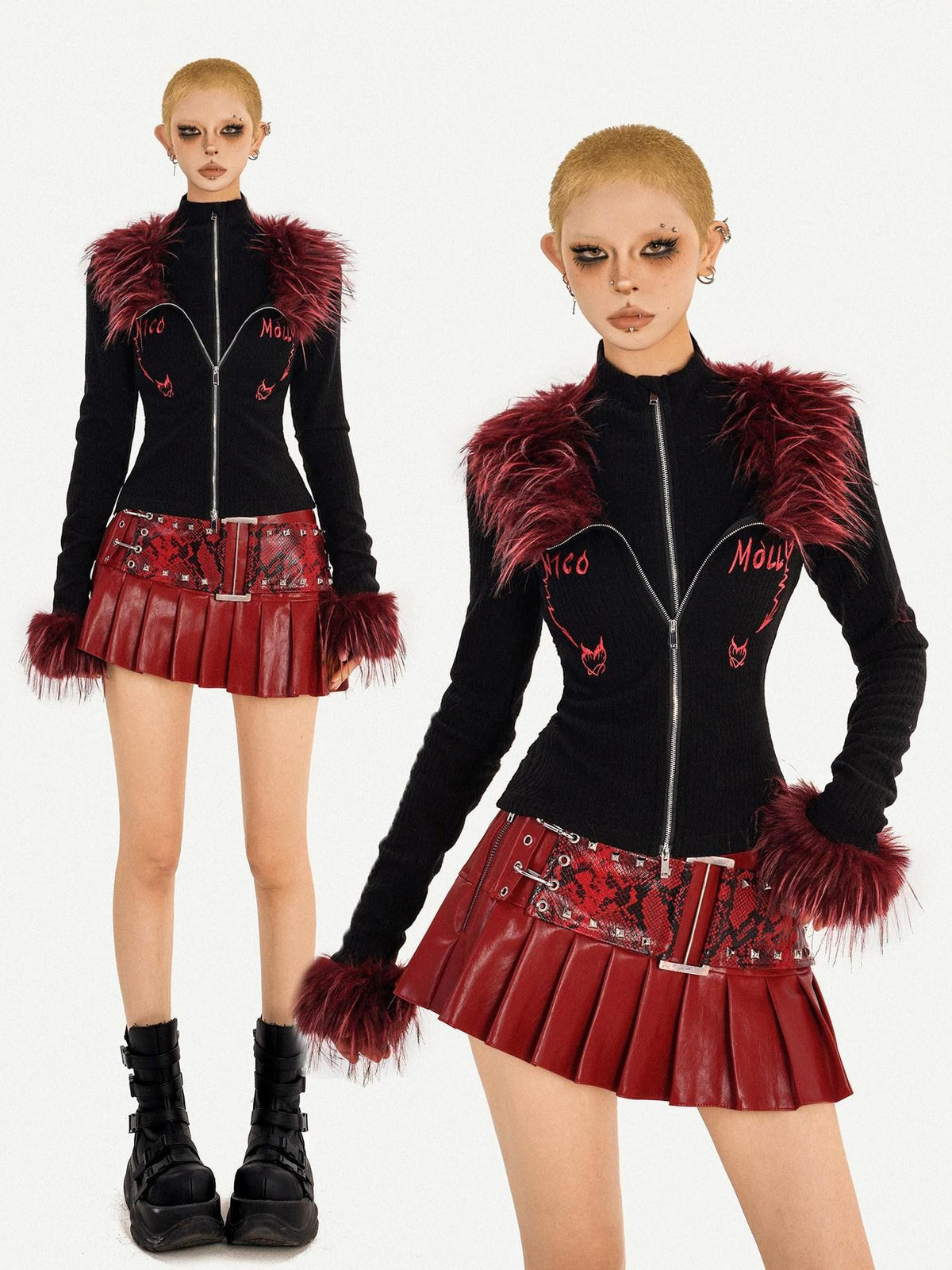 Nico Molly Flame Fur Collar Double Zipper Faux Layered Knitted Slim Women&