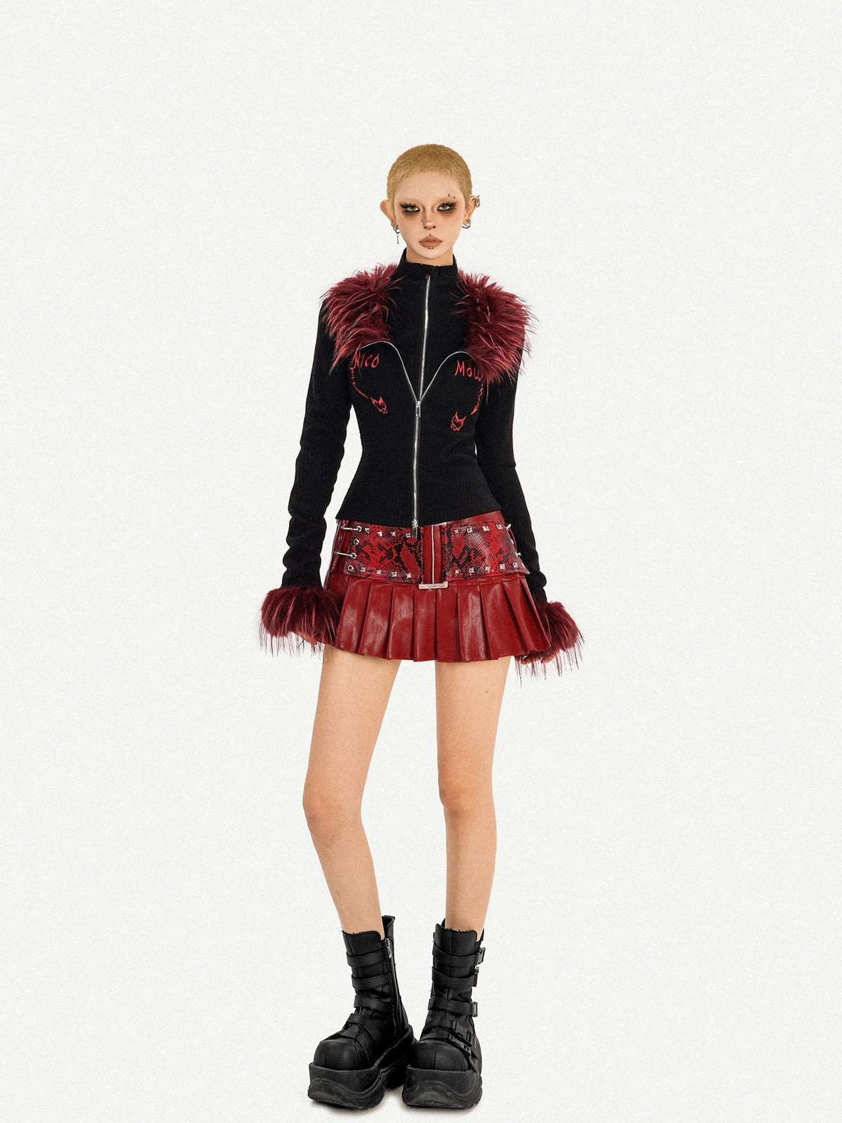Nico Molly Flame Fur Collar Double Zipper Faux Layered Knitted Slim Women&