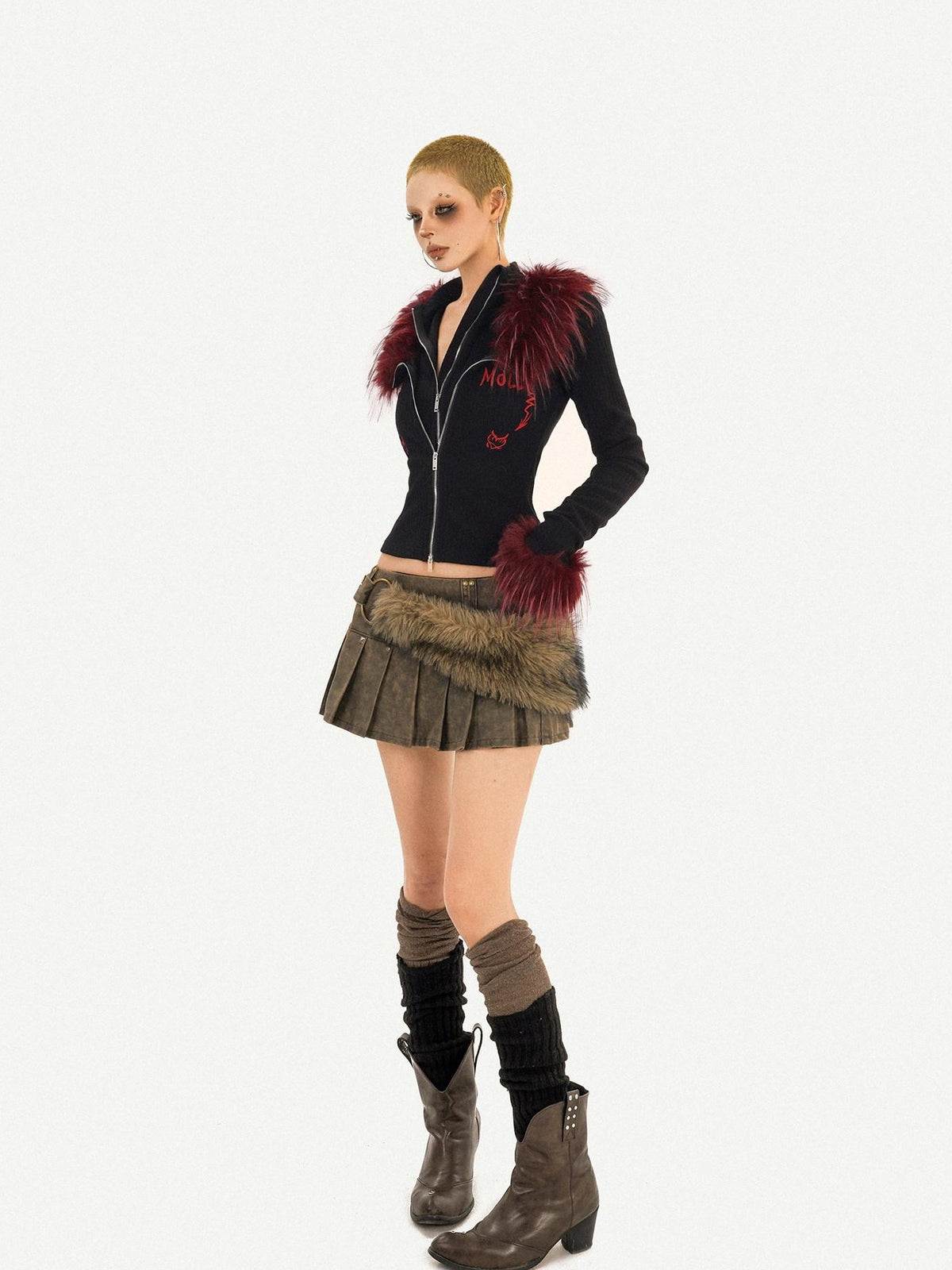 Nico Molly Flame Fur Collar Double Zipper Faux Layered Knitted Slim Women&