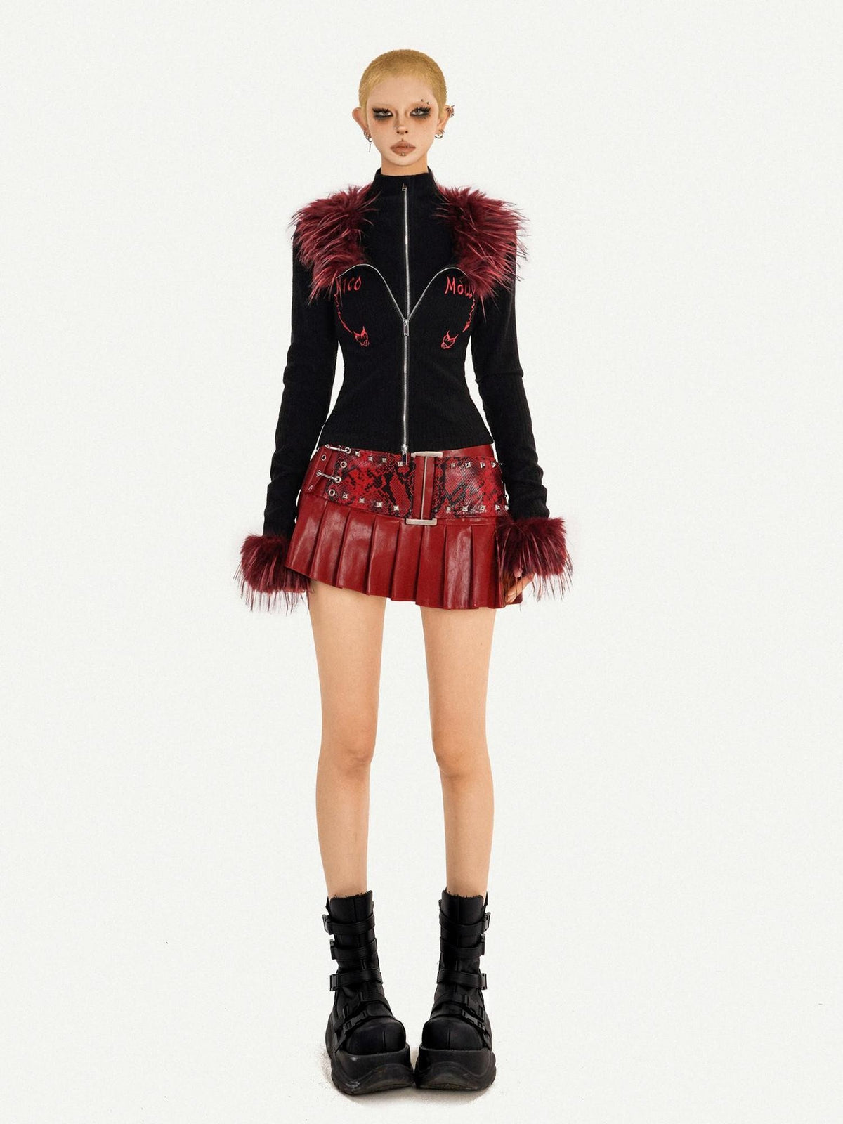 Nico Molly Flame Fur Collar Double Zipper Faux Layered Knitted Slim Women&