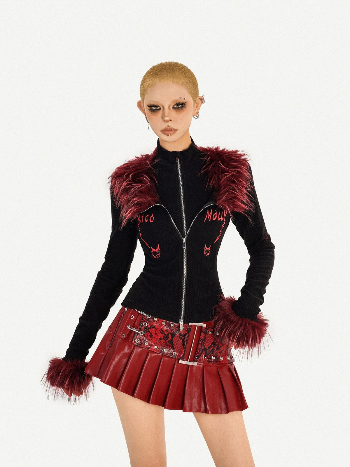 Nico Molly Flame Fur Collar Double Zipper Faux Layered Knitted Slim Women&