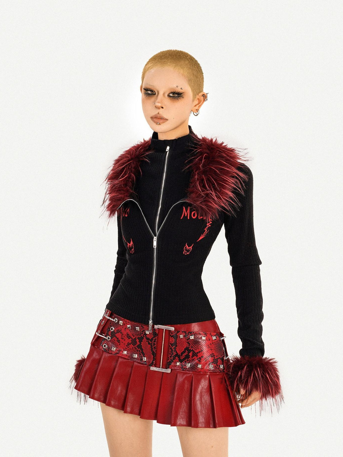 Nico Molly Flame Fur Collar Double Zipper Faux Layered Knitted Slim Women&