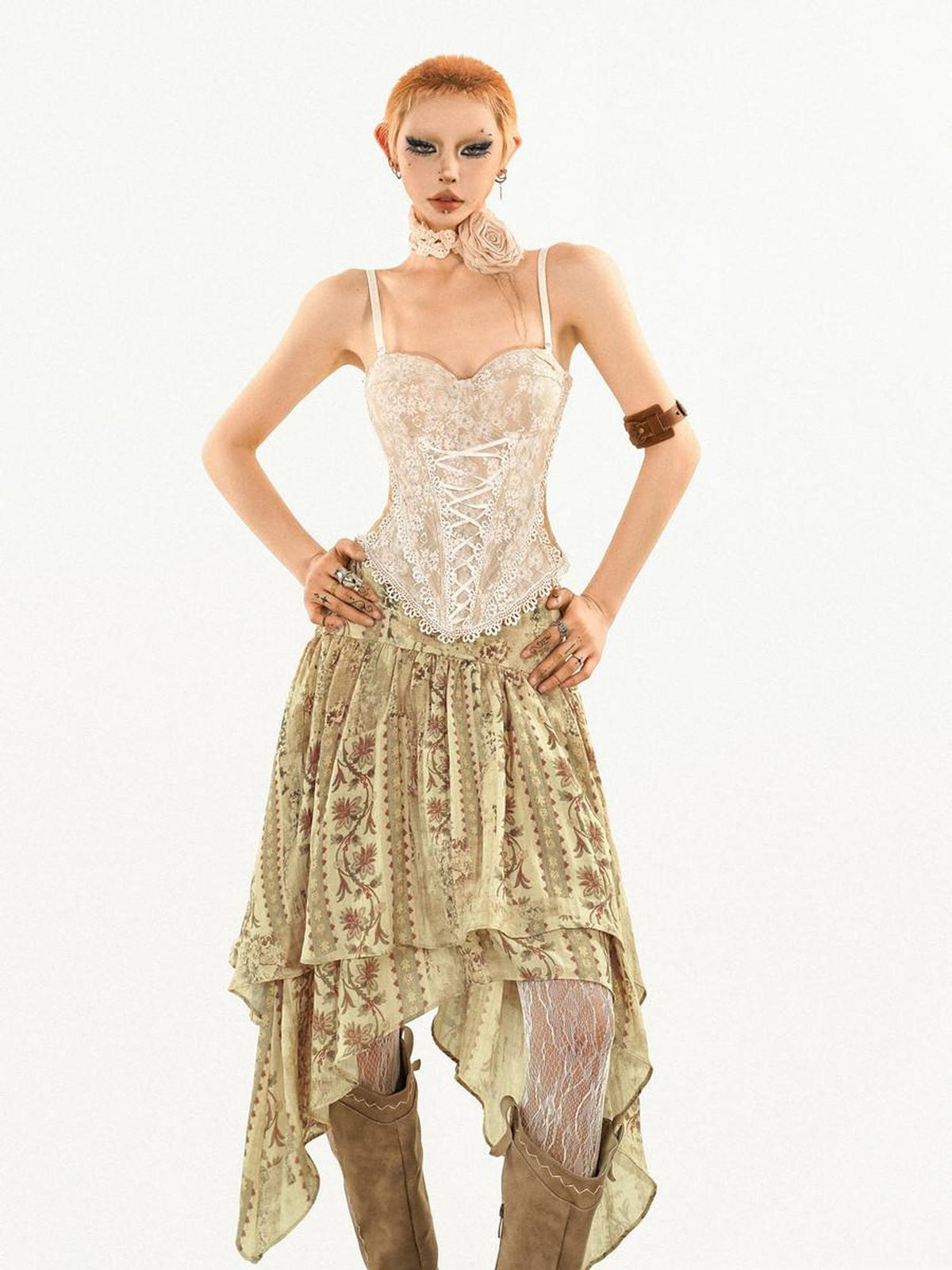 Nico Molly Floral Print Asymmetrical Ribbon A Line Mid Waist Women&