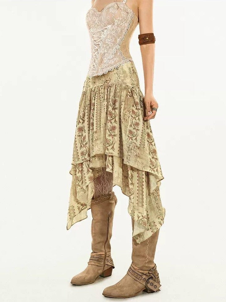 Nico Molly Floral Print Asymmetrical Ribbon A Line Mid Waist Women&