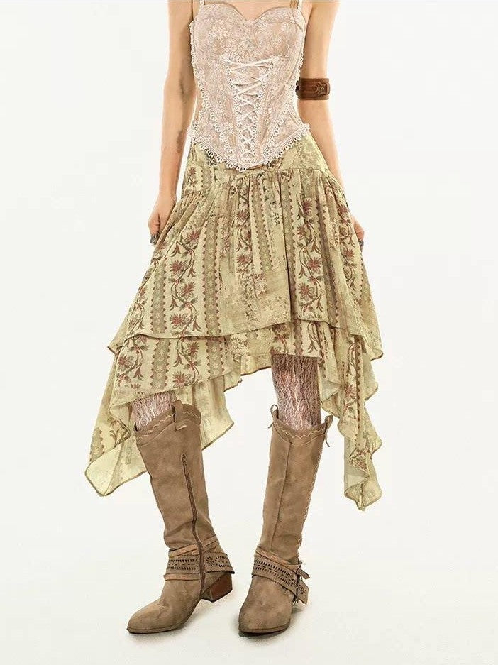 Nico Molly Floral Print Asymmetrical Ribbon A Line Mid Waist Women&