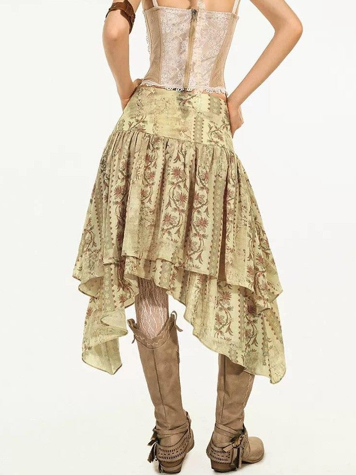 Nico Molly Floral Print Asymmetrical Ribbon A Line Mid Waist Women&