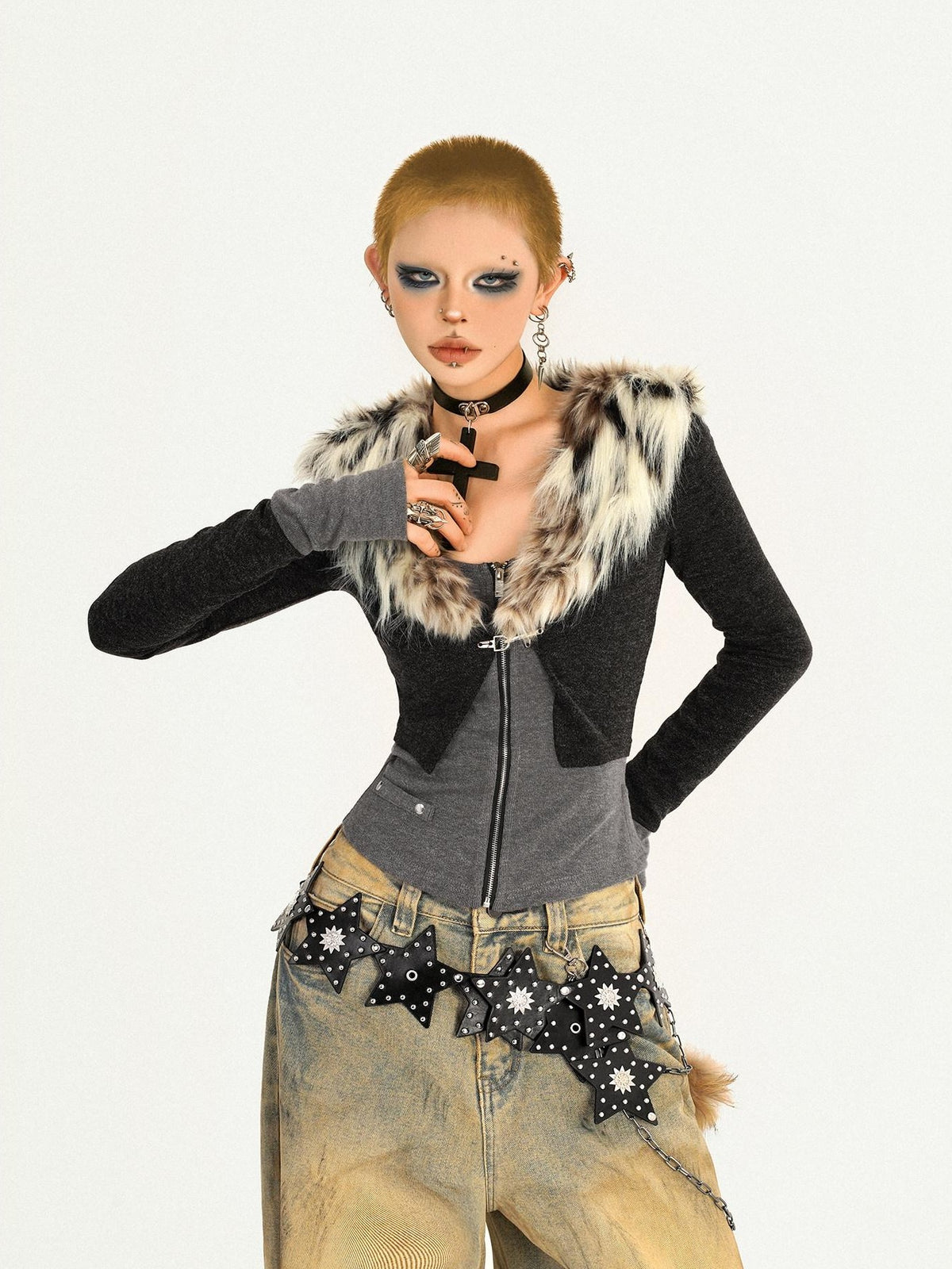 Nico Molly Fur Collar Leopard Print Faux Layered Slim Waist Knit Zipper Women&