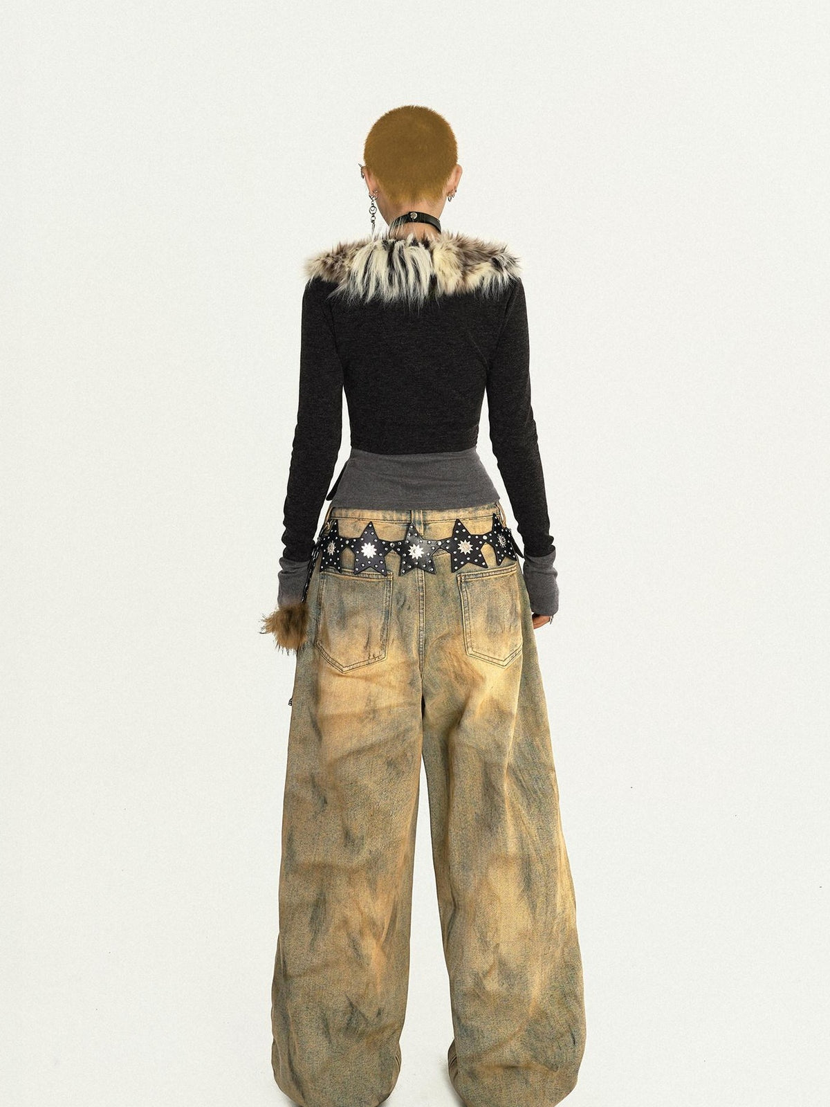 Nico Molly Fur Collar Leopard Print Faux Layered Slim Waist Knit Zipper Women&