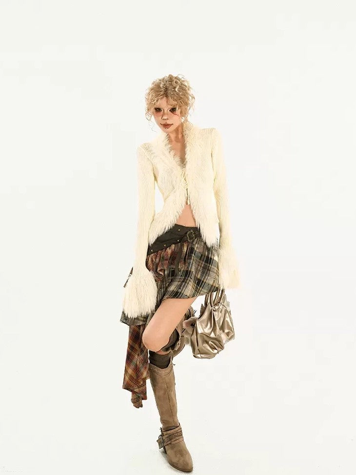 Nico Molly Fuzzy Tie V-neck Fringe Bell Sleeve Cropped Slim Fit Women&