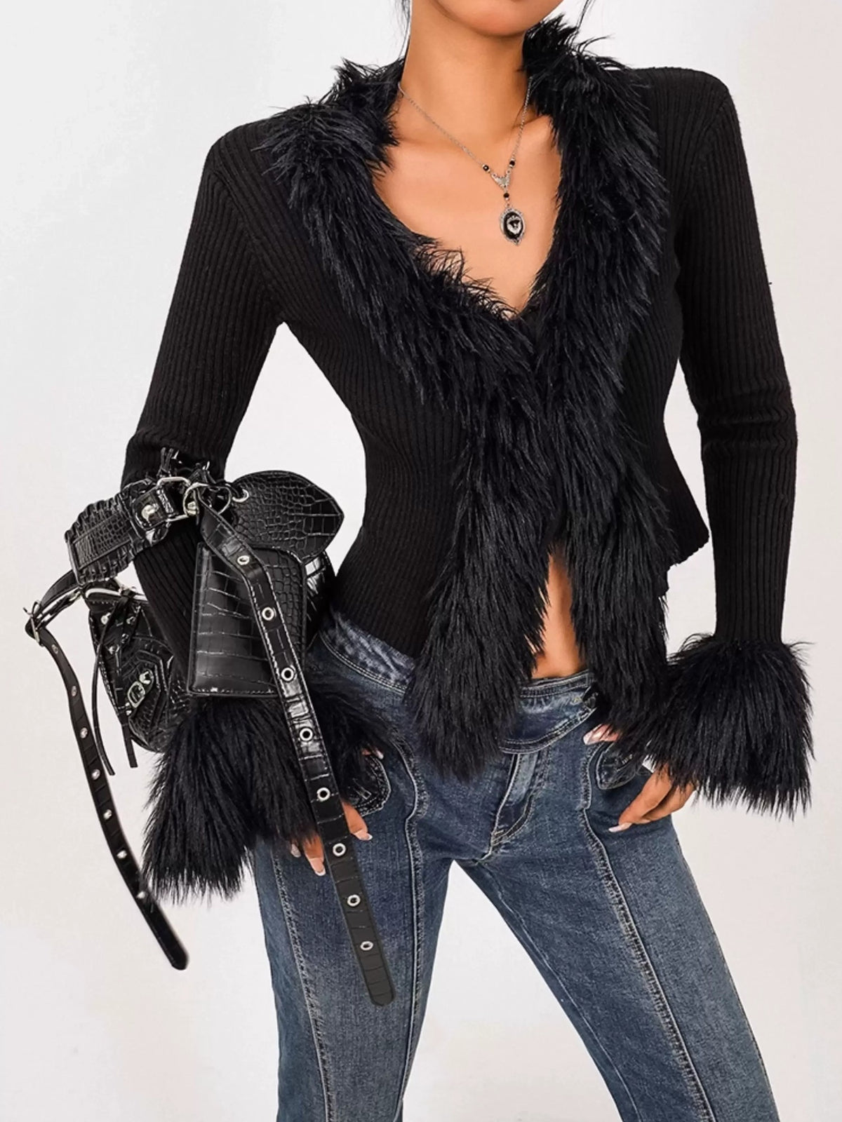 Nico Molly Fuzzy Tie V-neck Fringe Bell Sleeve Cropped Slim Fit Women&