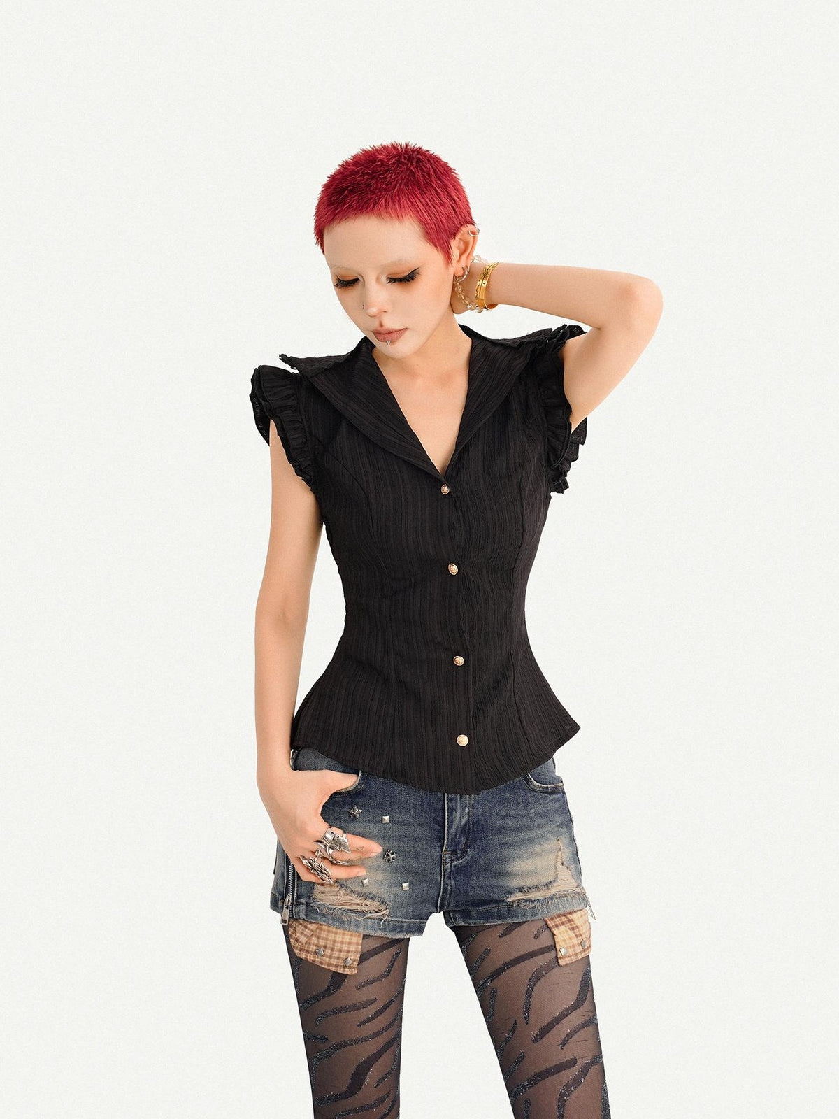 Nico Molly Gothic Black Ruffle Cinched Waist Sleeveless Slimming Women&