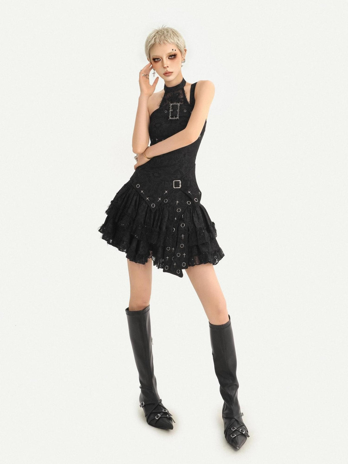 Nico Molly Gothic Halter Metal Buckle Cinched Asymmetrical Women&