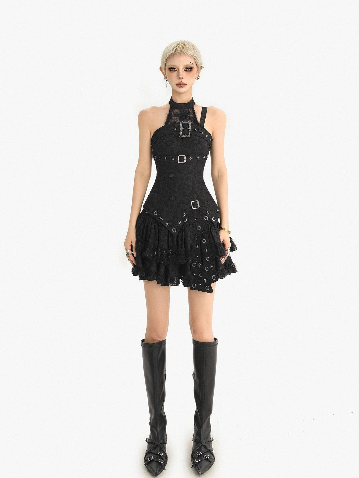 Nico Molly Gothic Halter Metal Buckle Cinched Asymmetrical Women&