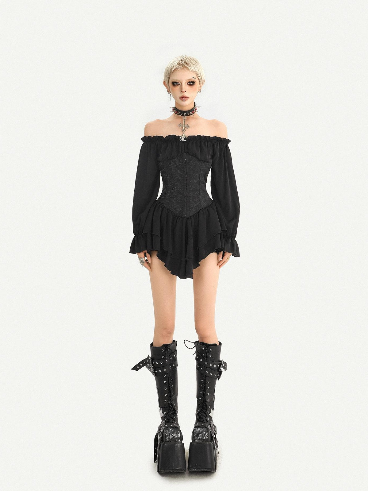 Nico Molly Gothic Ruffle Lantern Sleeve Off Shoulder Waist Cinch Women&