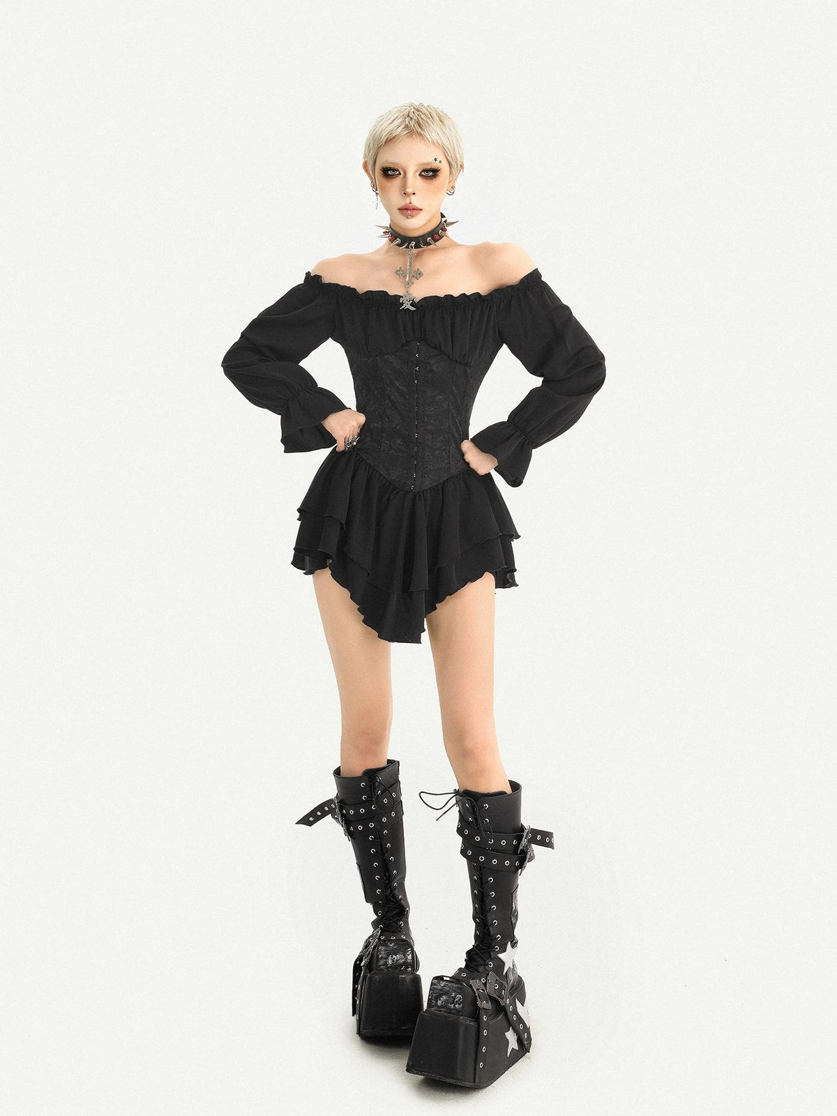 Nico Molly Gothic Ruffle Lantern Sleeve Off Shoulder Waist Cinch Women&