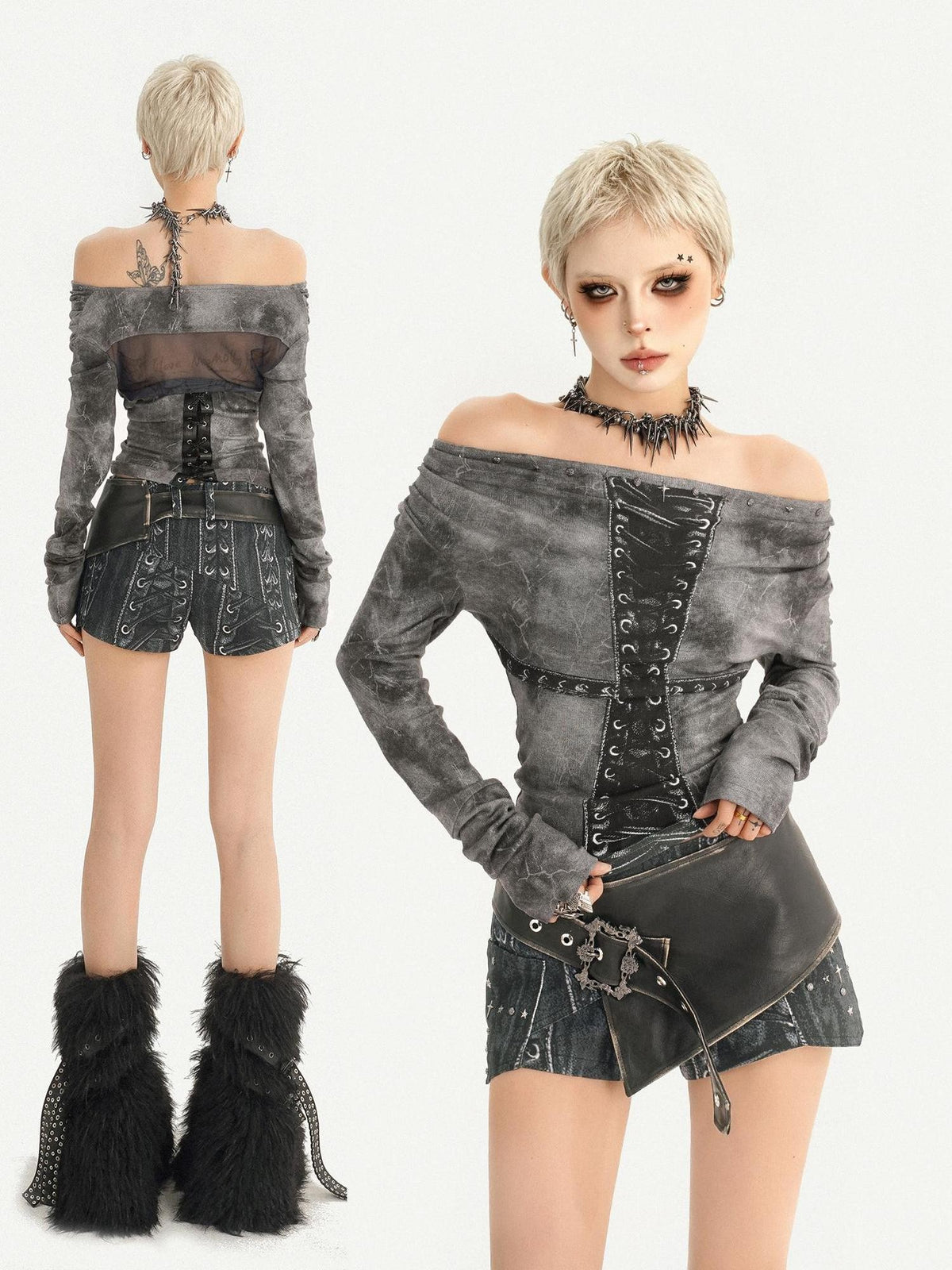 Nico Molly Gray One Shoulder Lace Up Punk Waist Cinched Women&