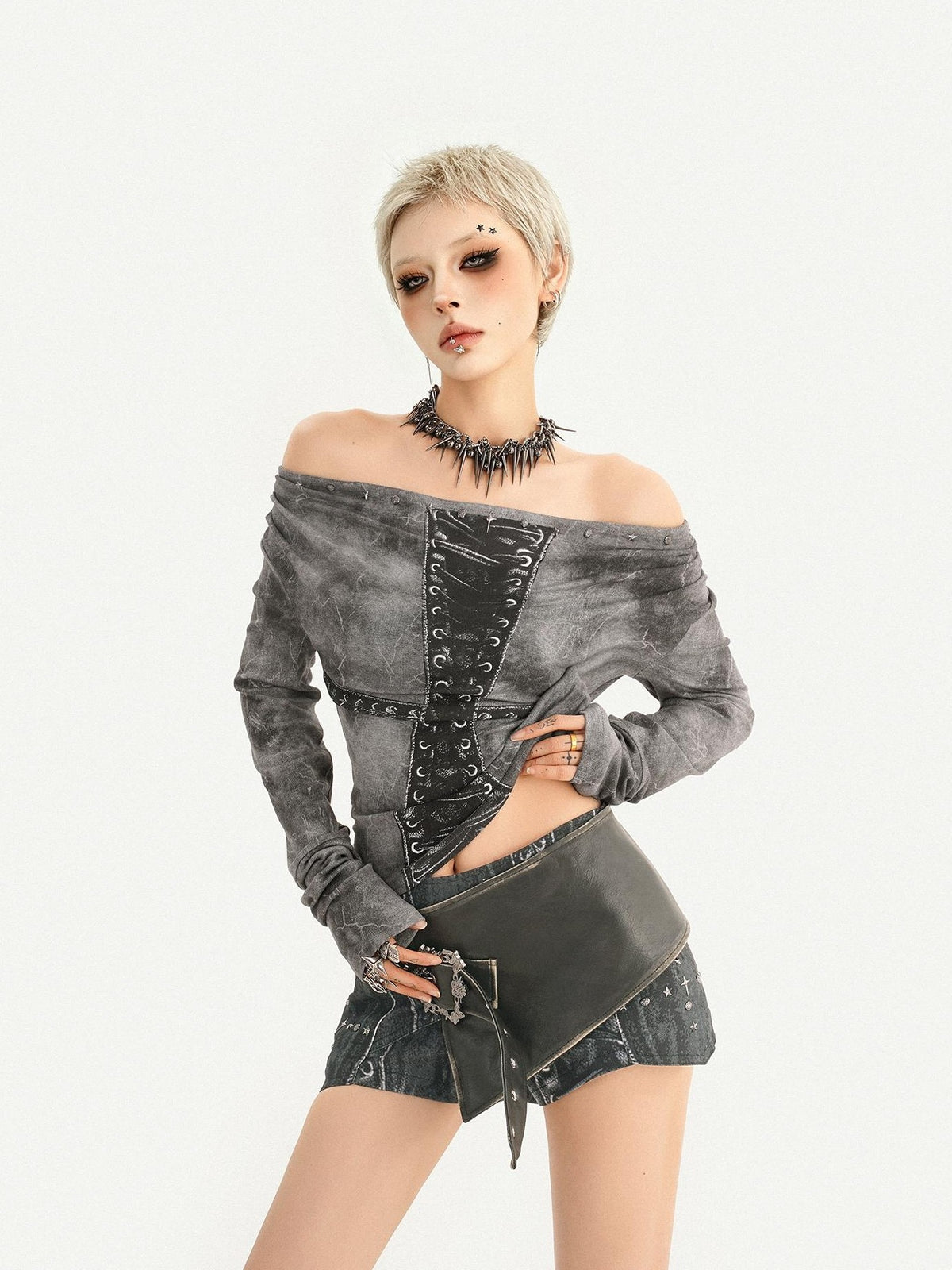 Nico Molly Gray One Shoulder Lace Up Punk Waist Cinched Women&