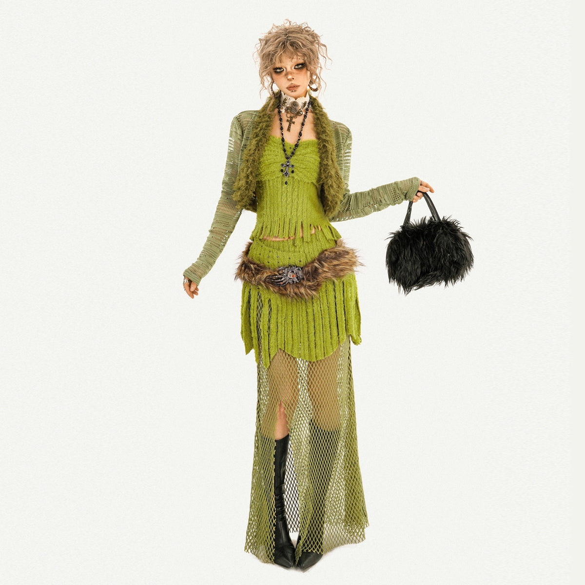 Nico_Molly_Green_Tassel_Spliced_Mesh_Bustier_Long_Skirt_Women&