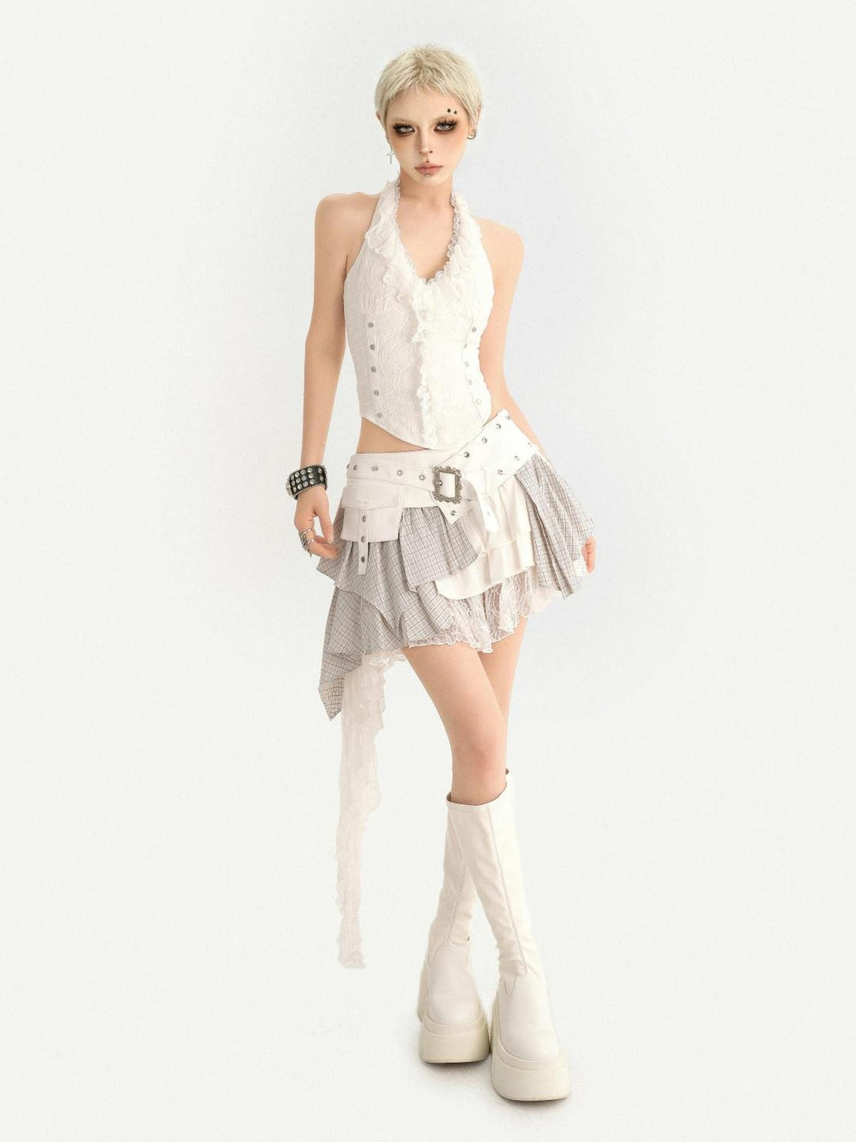 Nico Molly Irregular Plaid Layered Lace Asymmetric Women&