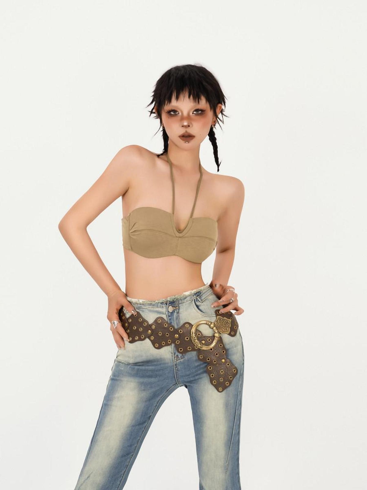 Nico Molly Khaki Push Up Halter Open Back Anti Slip Bandeau Women&
