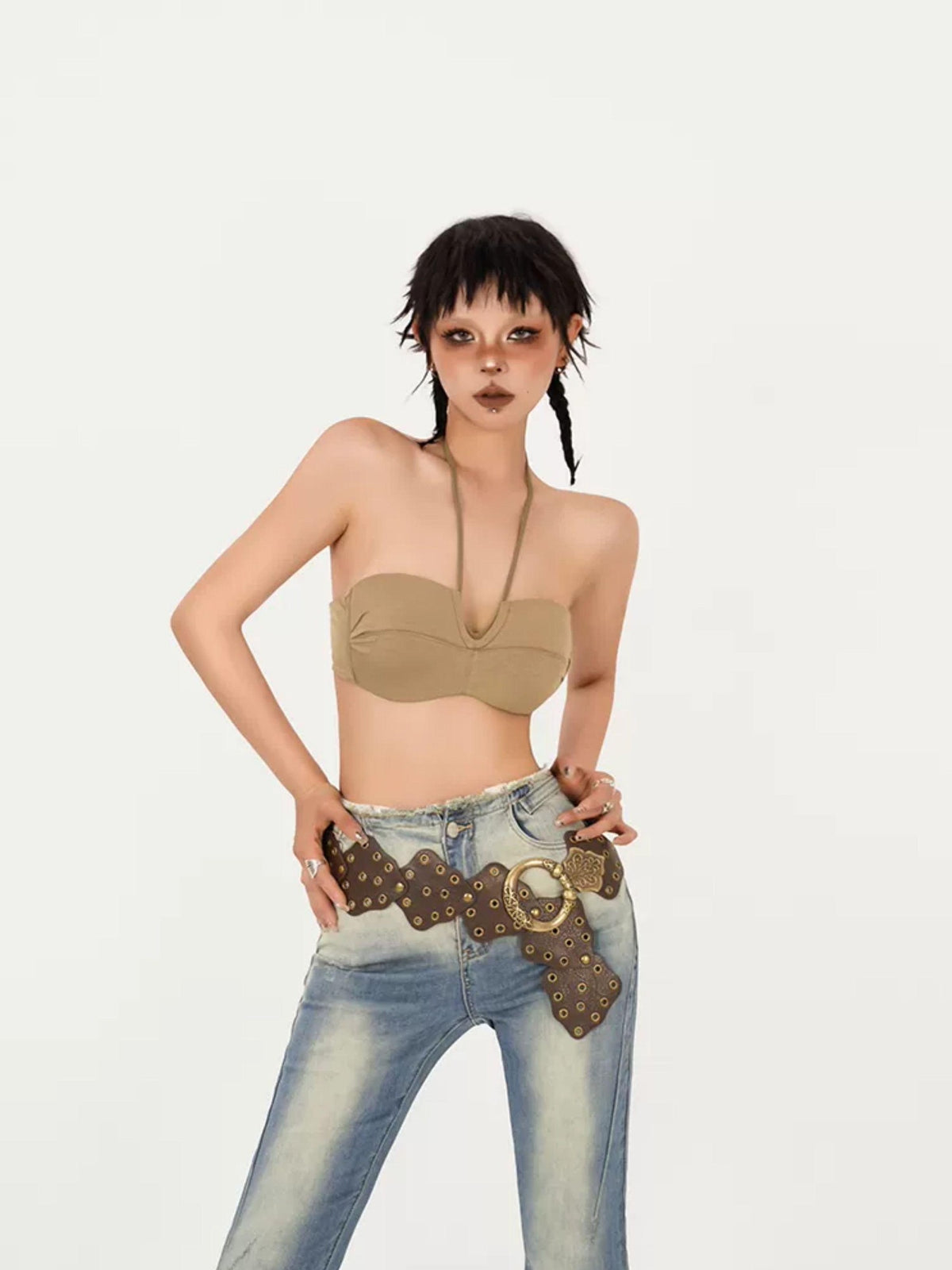 Nico Molly Khaki Push Up Halter Open Back Anti Slip Bandeau Women&