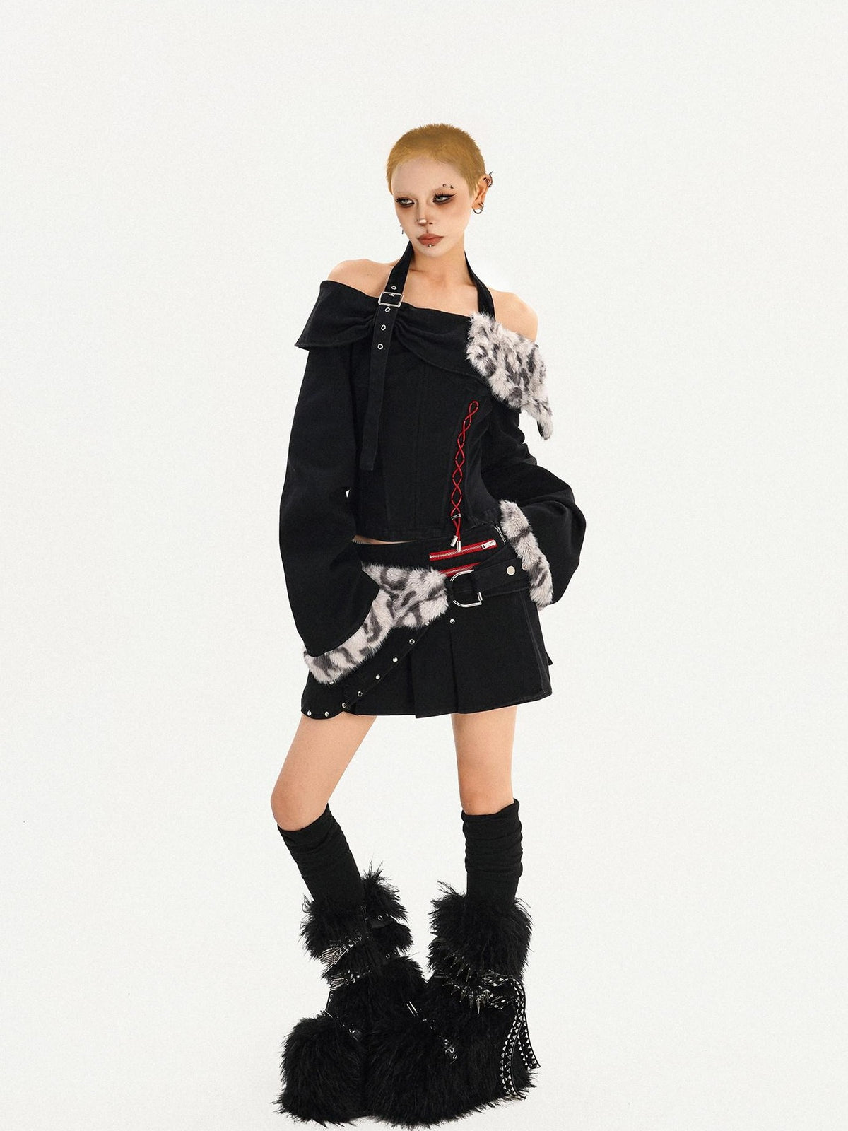 Nico Molly Leopard Patchwork Halter Bardot Waist Cashmere Women&