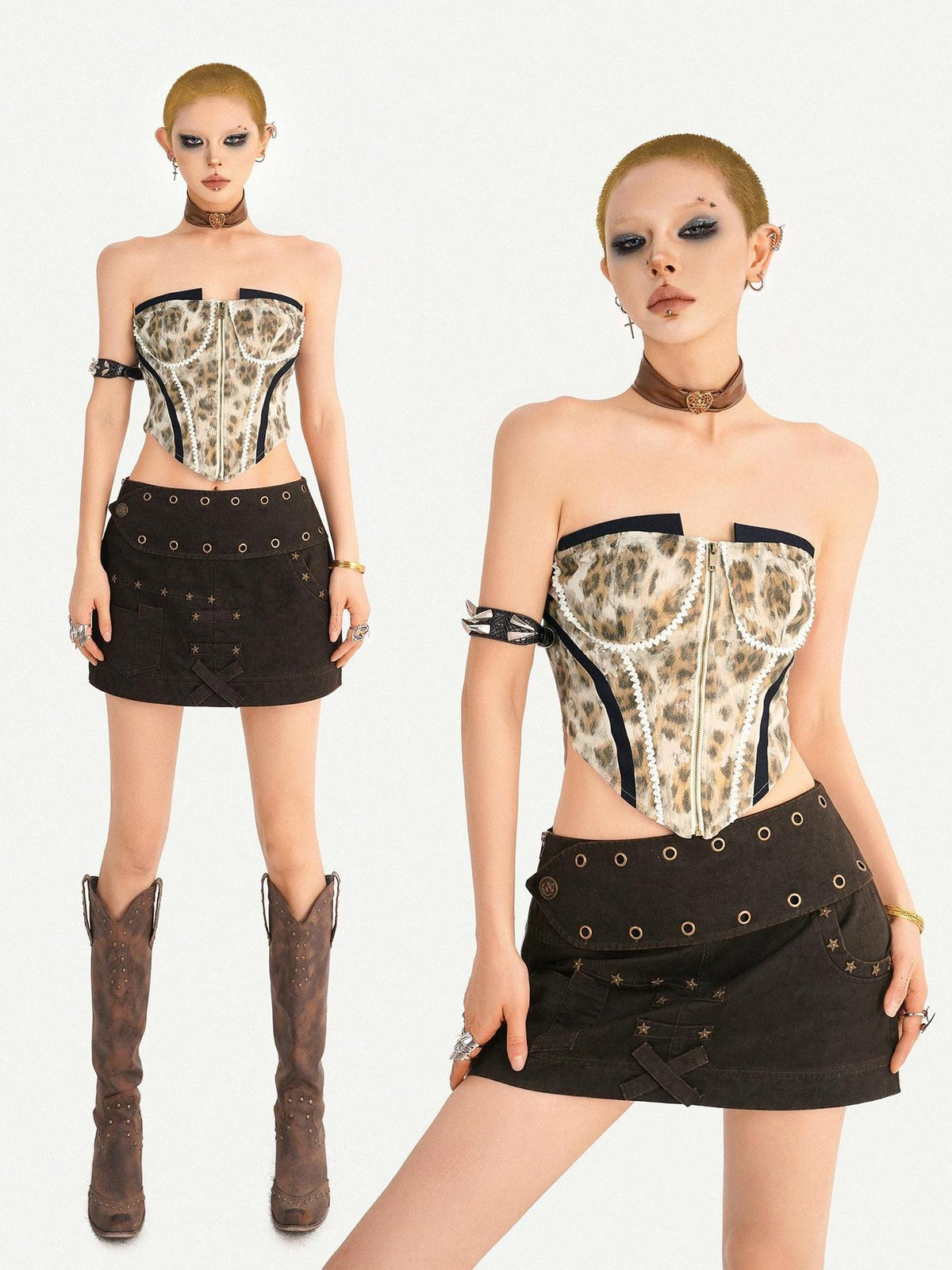 Nico Molly Leopard Patchwork Slim Waist Short Fitted Women&