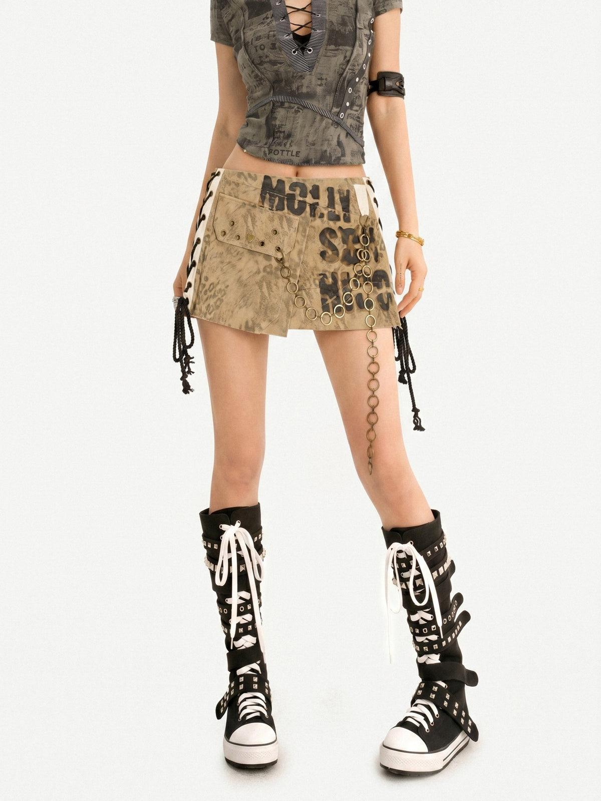 Nico Molly Leopard Print Distressed Metal Chain Low Waist Cargo Women&