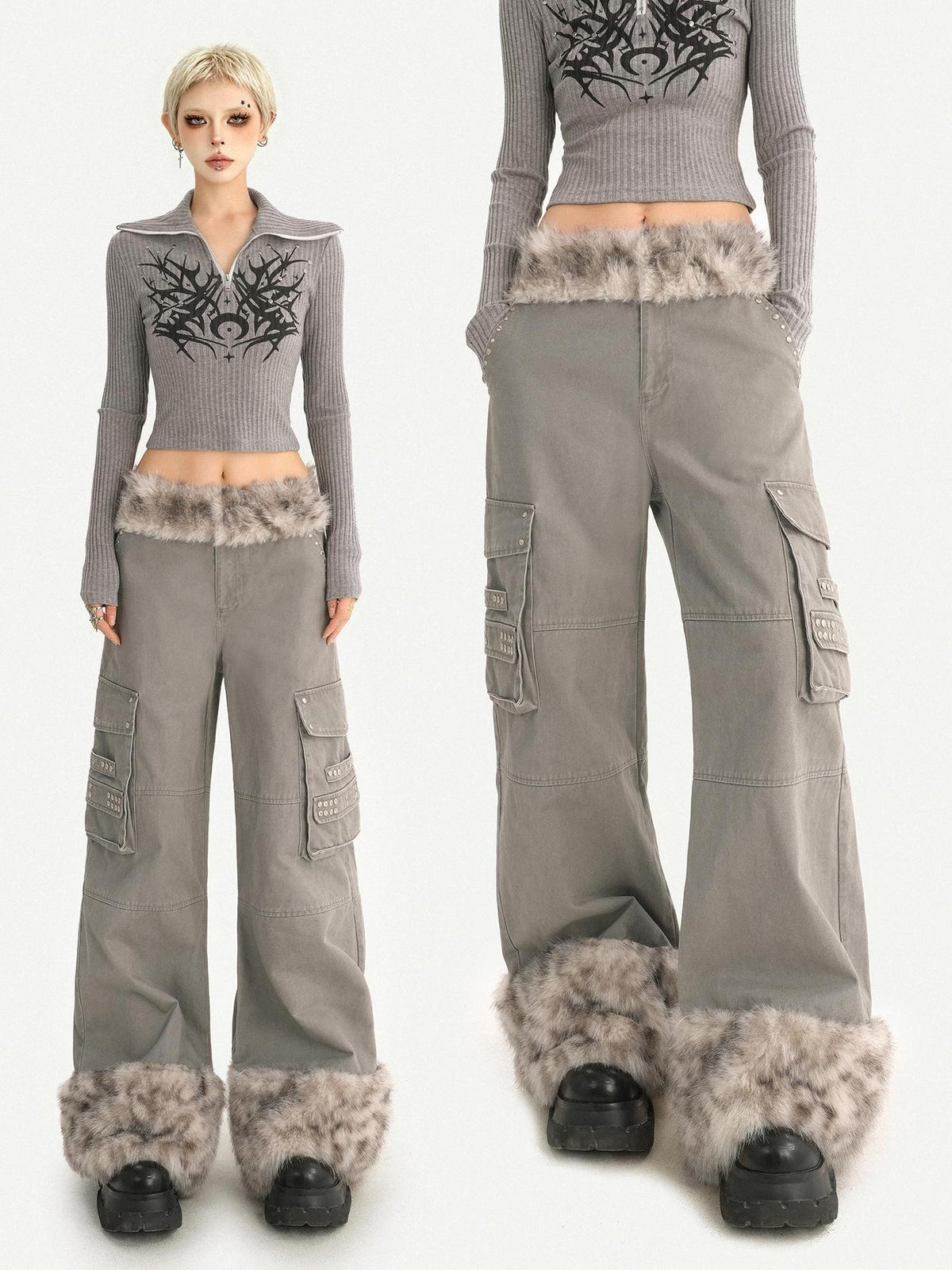 Nico Molly Leopard Print Plush Patchwork Pockets Straight Leg Women&